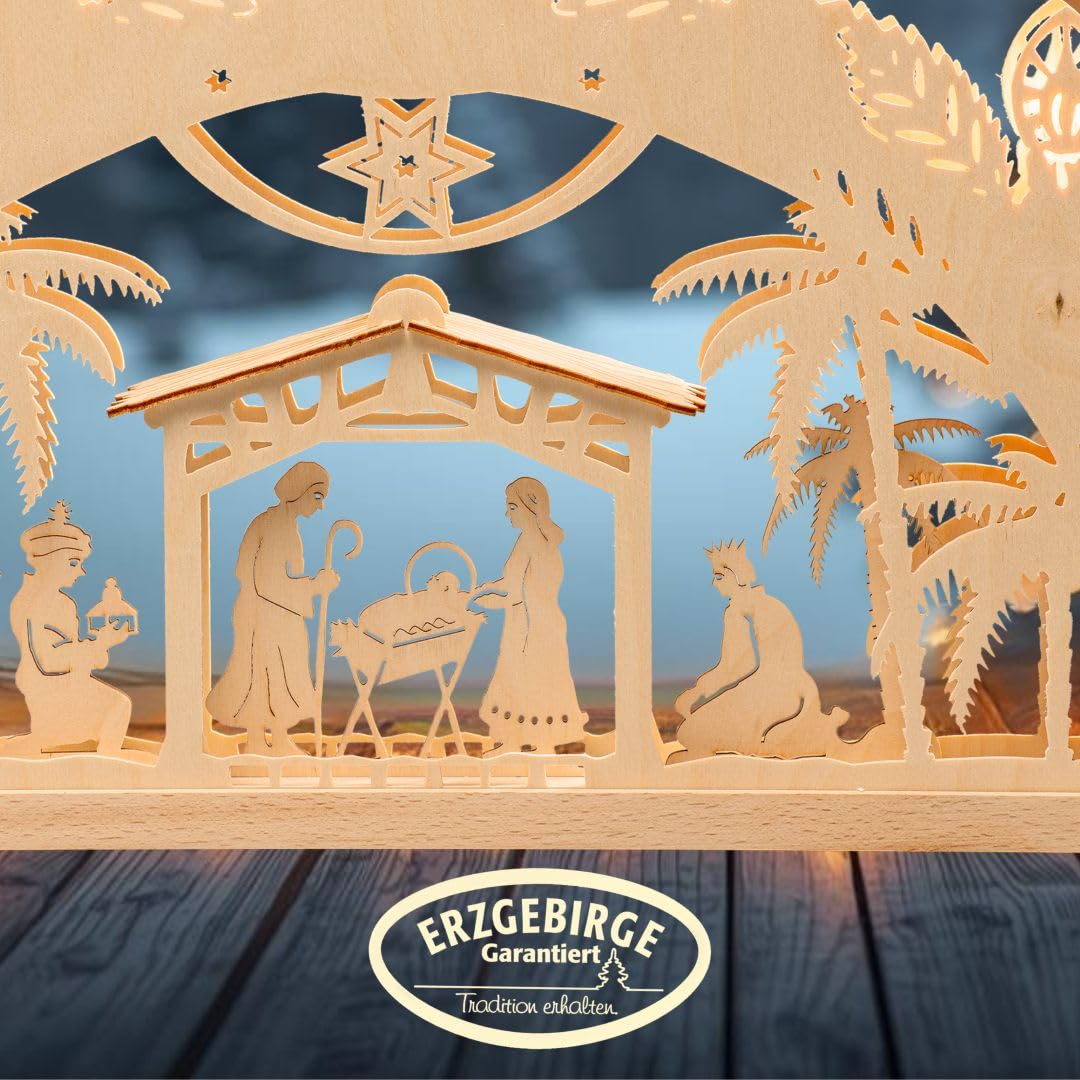 weigla - Schwibbogen original Erzgebirge I Lichterbogen Weihnachten I Motiv Betlehem I 7 Lampenkerzen + 1 Ersatzlampe I 7 x 34 V, 3 W, E10 I beleuchtete Weihnachtsdeko innen