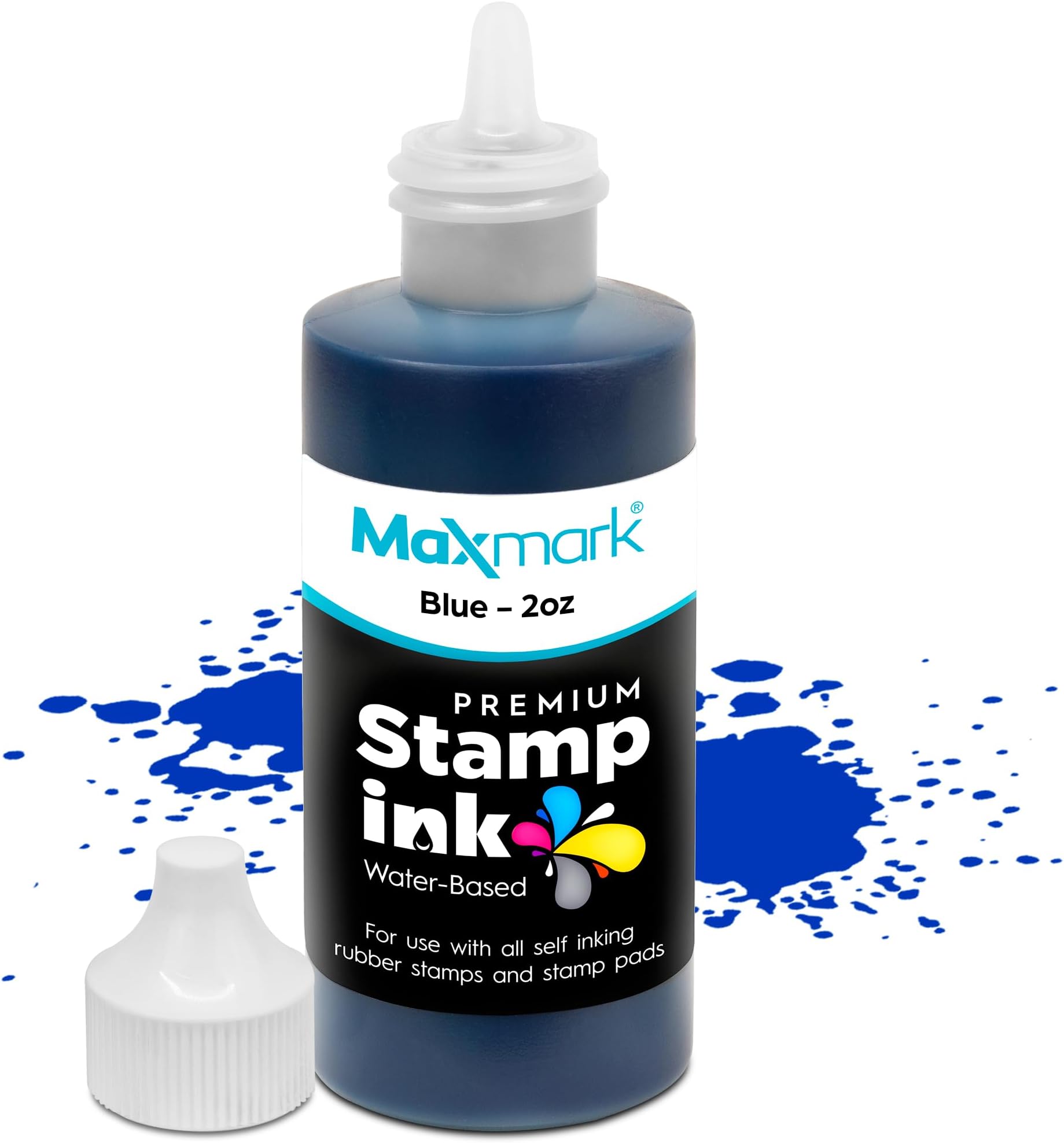 MaxMark Premium Refill Ink with Control Tip Bottle for Self-Inking Stamps, Blue Color - 2 oz.