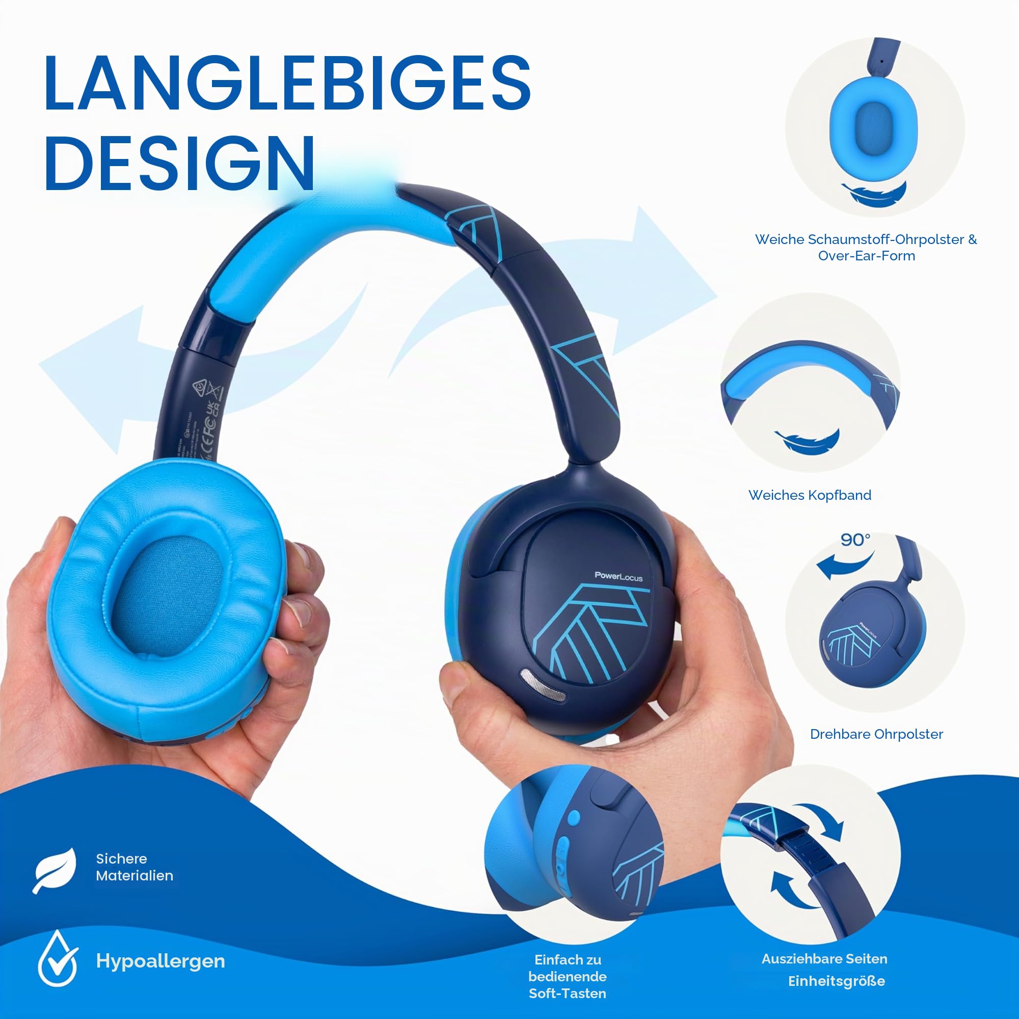 PowerLocus Bluetooth Kopfhörer Kinder, Aktive Geräuschunterdrückung, 70H Spielzeit, 74/85/94dB Sichere Lautstärke, Kinder Kopfhörer mit Boom Mikrofon, Kabellos und Kabel Kinderkopfhörer mit Tasche