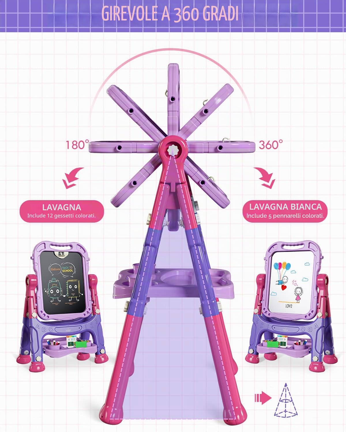 Lehoo Castle Lavagna per Bambini, 4 in 1 Lavagna Magnetica per Bambini, 360° Cavalletto Pitturai Regolabile Altezza, Giocattolo Educativo 3+ Anni(Viola)