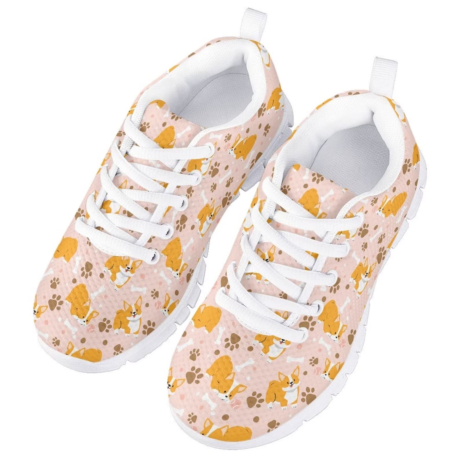 Jeiento Kids Shoes Sneakers with Cartoon Corgi Pattern Boys Girls Running Tennis Shoes Lightweight Breathable Durable Sport Athletic Shoes