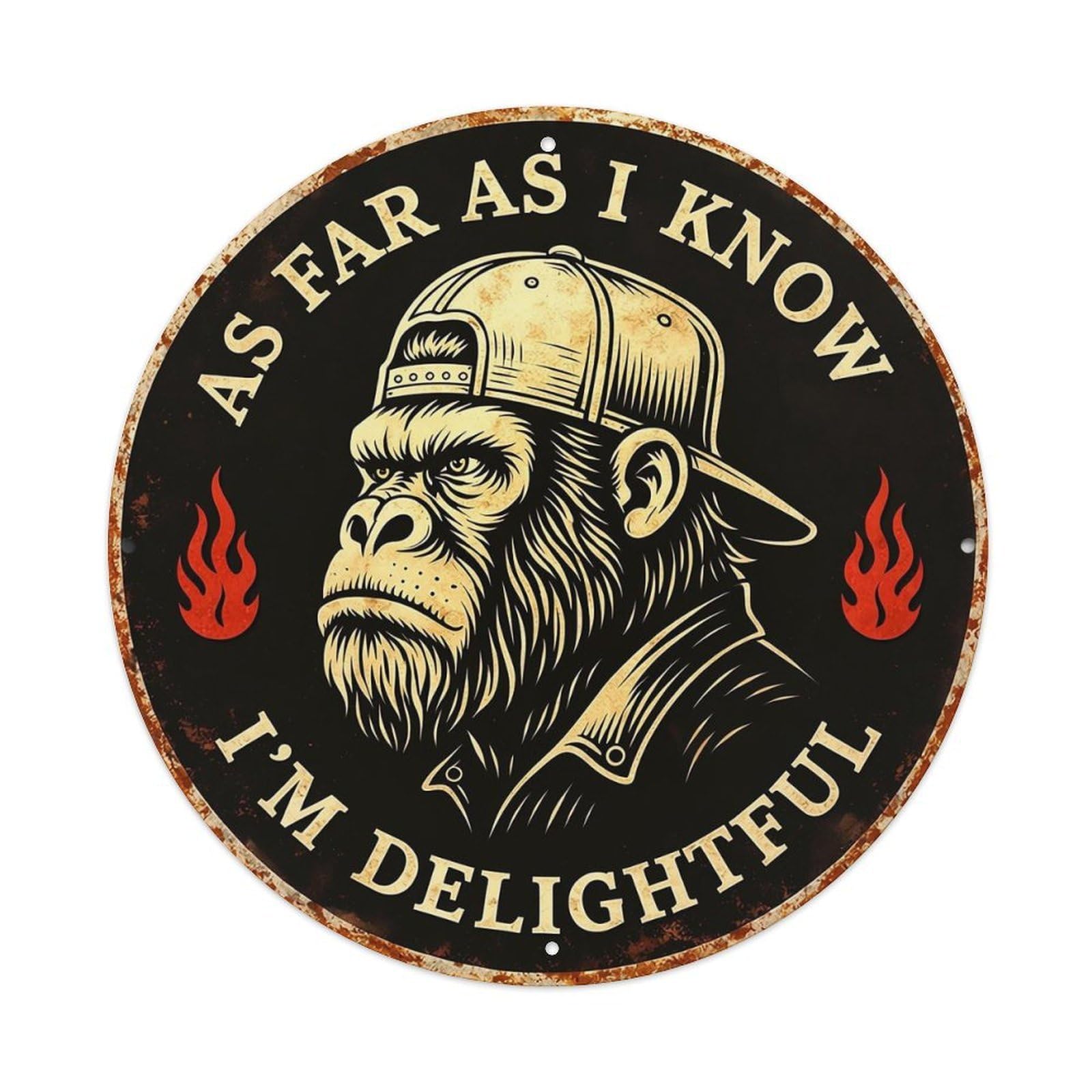 Ape Wearing Cap With Flames Metal Tin Sign Plaque
