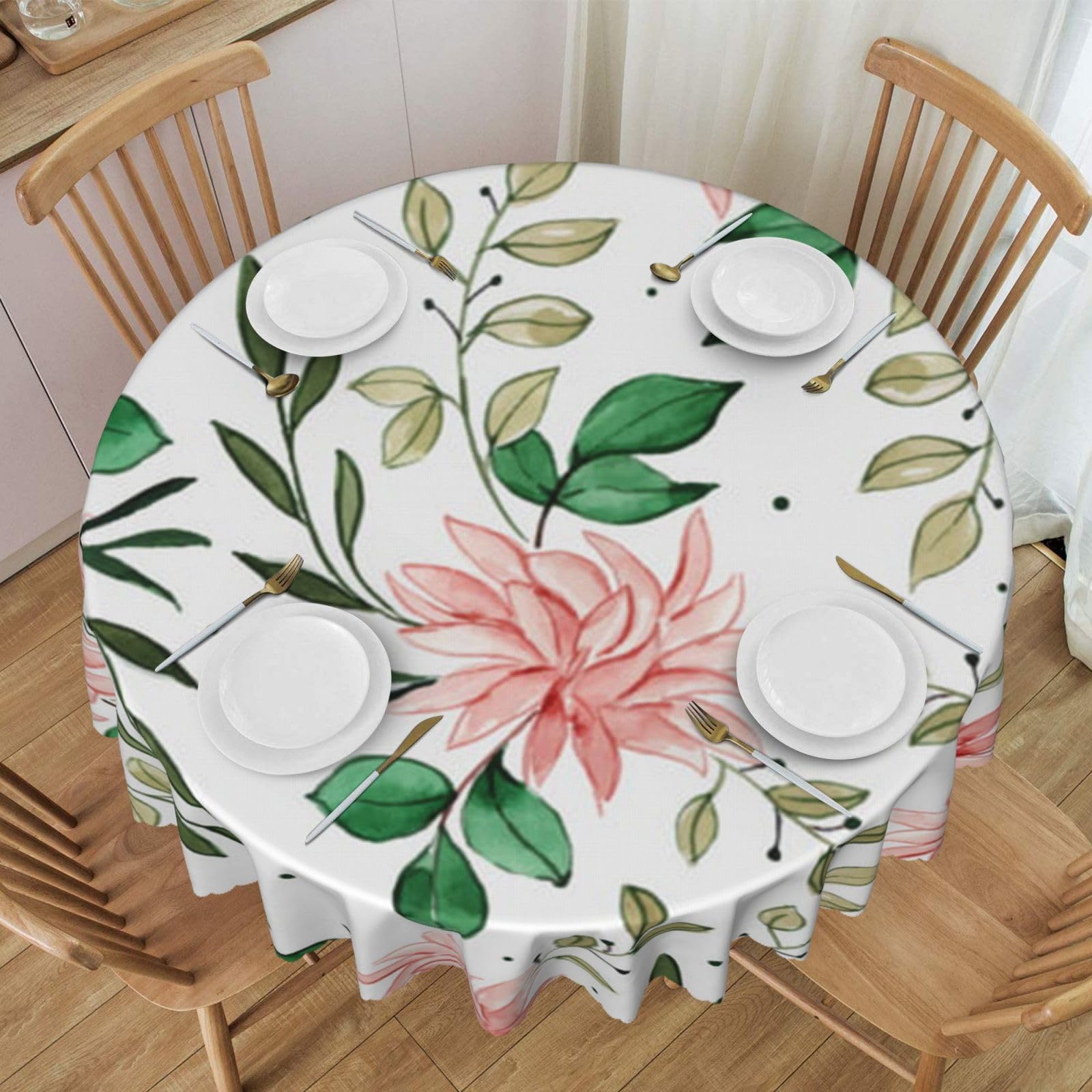 DCEHGEW 60 In Round Tablecloth with Lace, Watercolor Pink Floral Printed Oilproof & Washable Fabric Picnic Table Cloth Table Covers