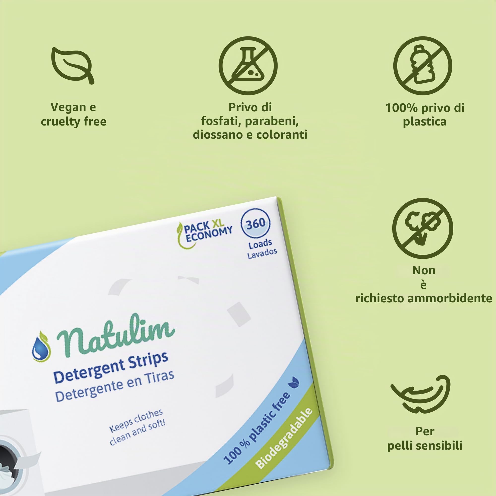 Natulim - Detersivo in Strisce per Lavatrice (360 lavaggi) - Include Effetto Morbidi, Ecologico, Anallergico, Zero Waste, Made in EU - Set Pulito Senza Sporcare il Pianeta (Senza Fragranza)