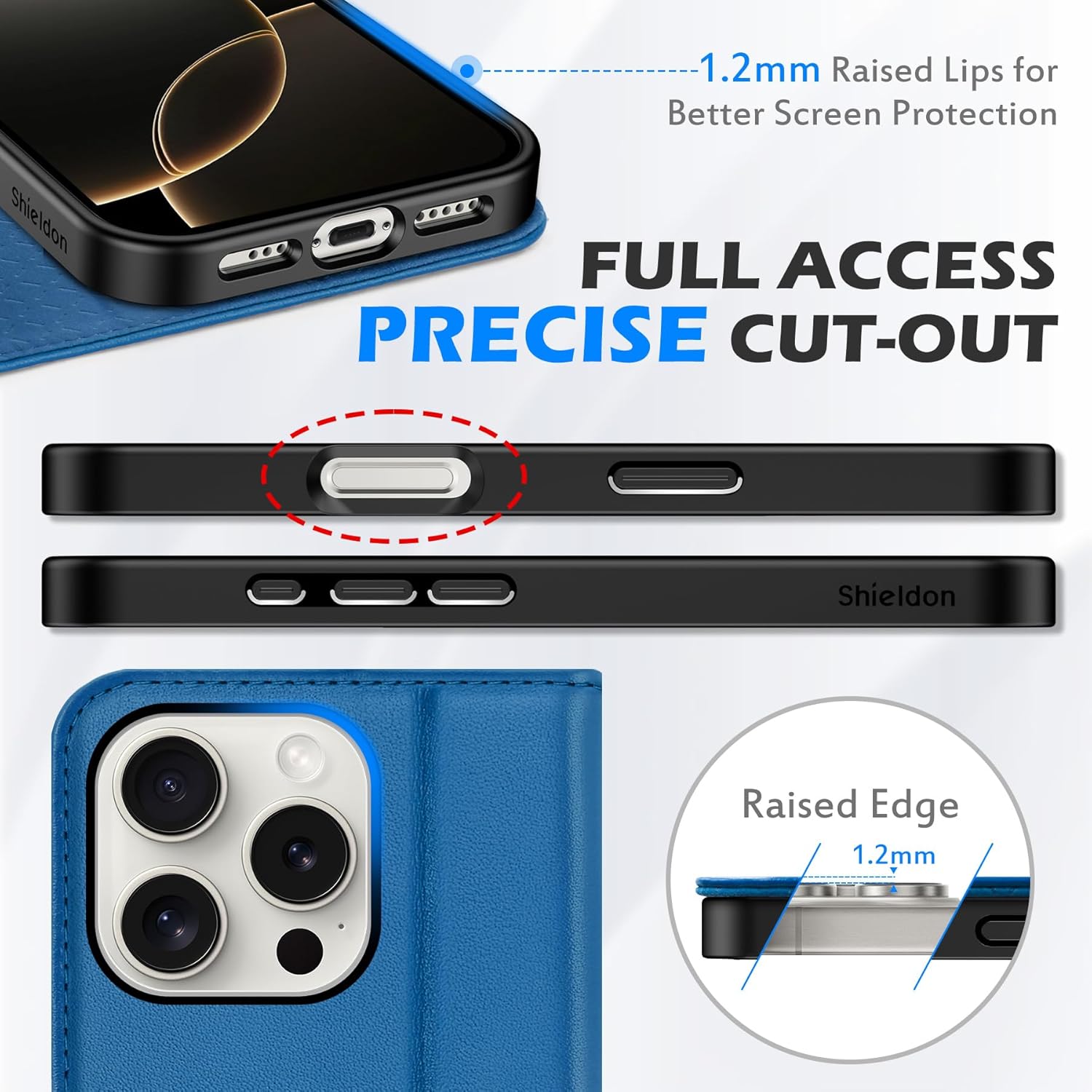 SHIELDON Wallet Case for iPhone 16 Pro 2024, Genuine Leather RFID Blocking Credit Card Holder Folio Magnetic Kicktand Shockproof Phone Cover Compatible with iPhone 16 Pro 6.3" - Sapphire Blue