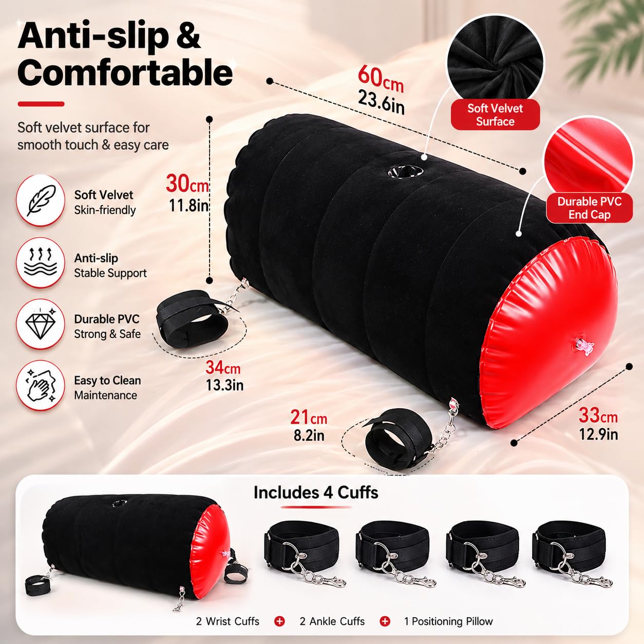 Coussin BDSM,Coussin Support pour Gode Kit de liens avec menottes pour poignets et cuisses,novateur pour femmes et couples,Coussin gonflable,Multifonctionnel Jouets Sexuels