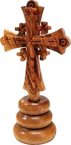 Miniatura 2 de Combo de cruz de Jerusalén de pie de madera de olivo de Tierra Santa de Israel, mediano, cruz tallada a mano en soporte, 4.25 pulgadas