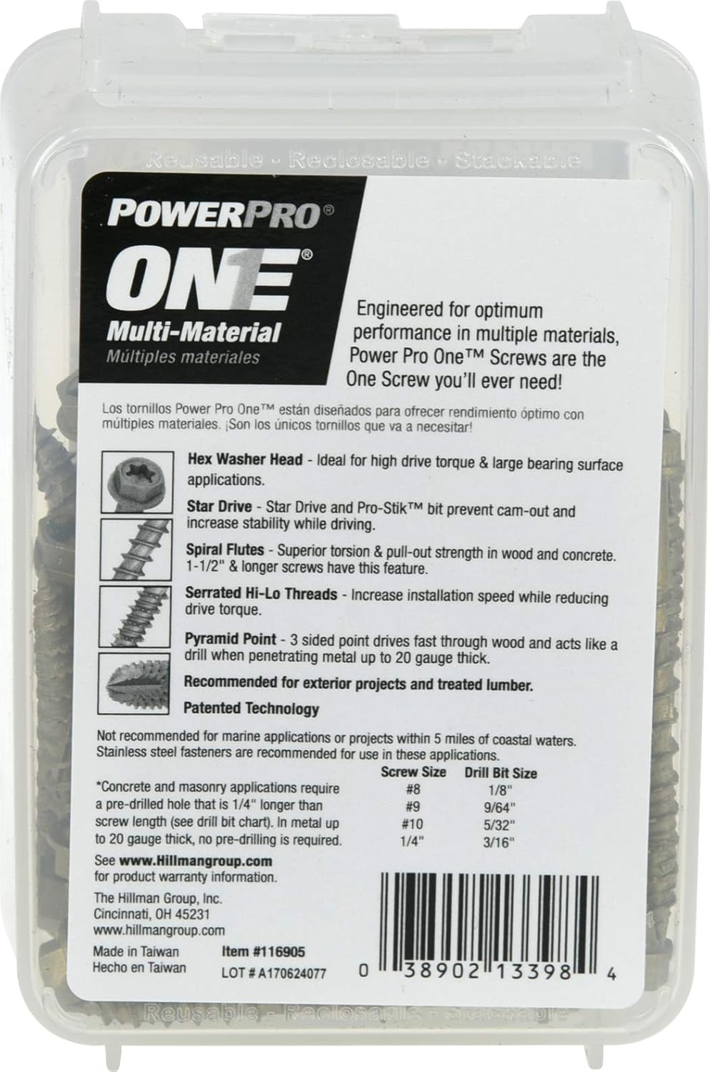 Power Pro Premium One Multi-Material Hex Washer Head Screws, Epoxy Coated Steel, Fasten in Wood, Metal, Concrete, Drywall and Plastic, Bronze, ¼ x 2-¼ inches, Box of 46 Screws