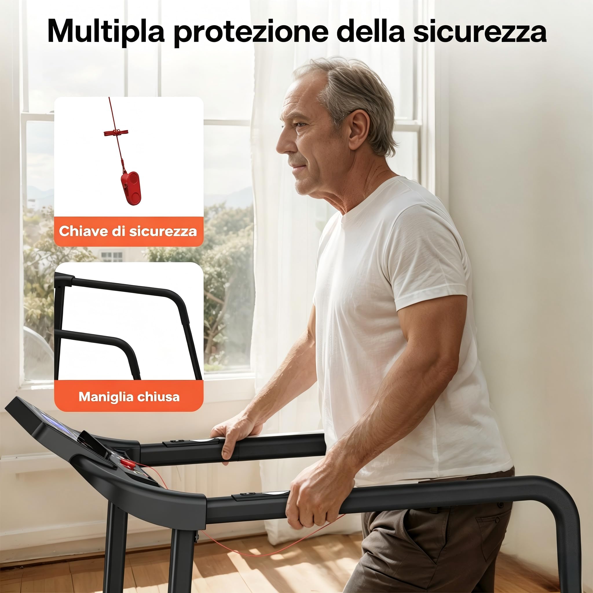 Tapist roulant elettrico anziani, LED grande, maniglioni, 135kg