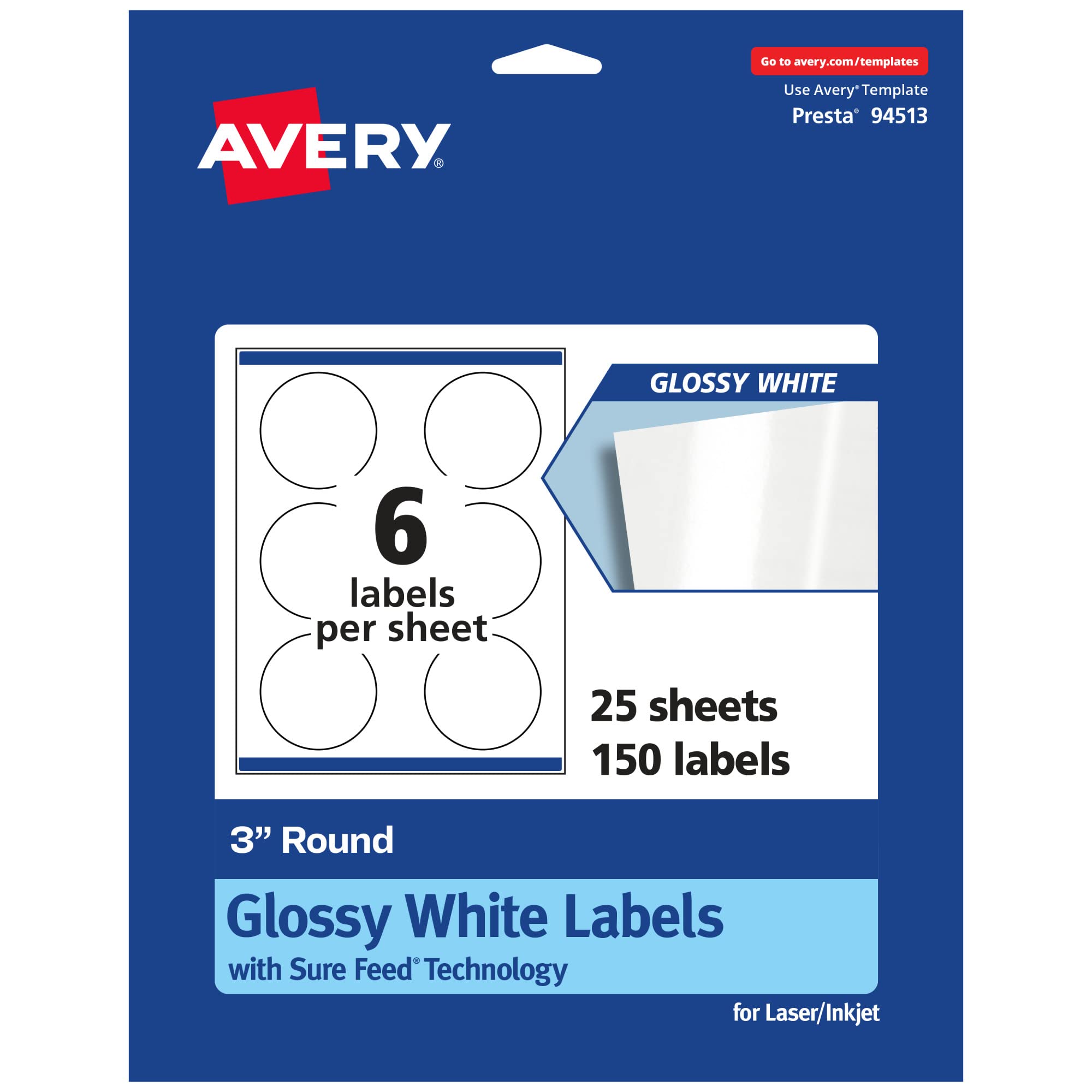 Avery Round Labels, Sure Feed Technology, 3" Diameter, 150 Glossy White Labels (36501)