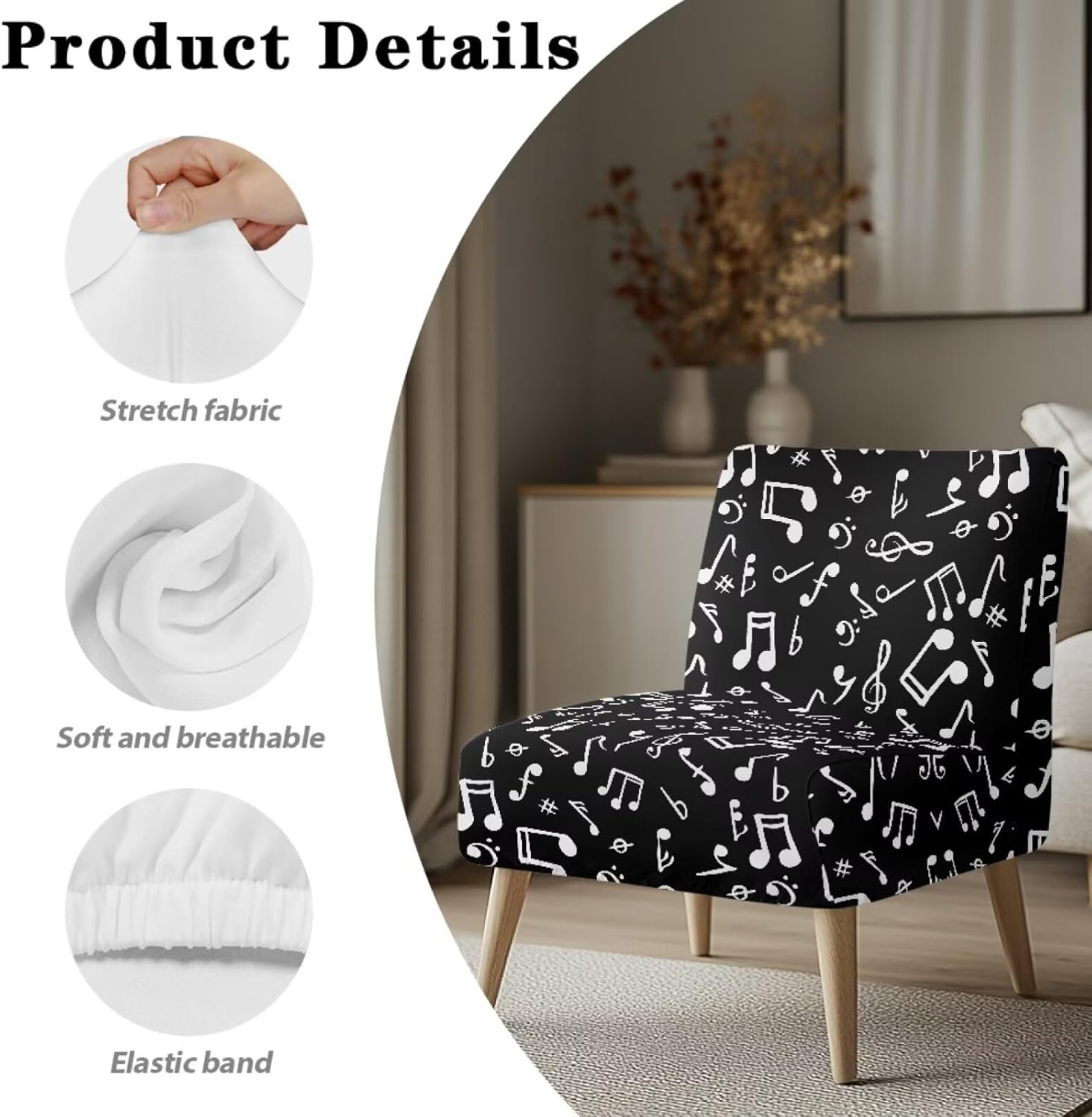 Black Music Note Print Armless Chair Slipcover, Elastic Armless Chair Furniture Protector for Chairs, Anti-Wrinkle Armless Recliner Sofa Cover