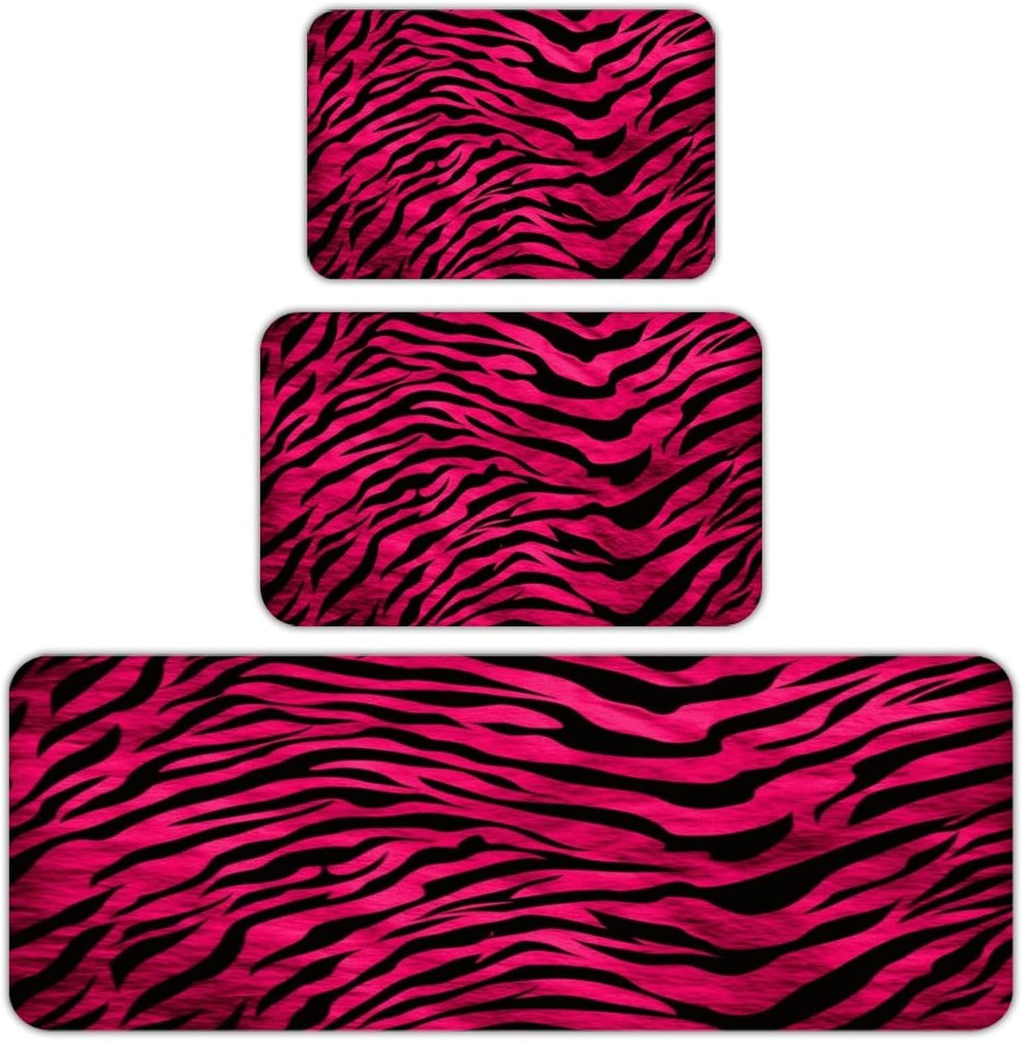 Zebra Tiger Leopard Pink Kitchen Mats for Floor 3PCS Waterproof Low-Profile Kitchen Rugs Floor Mat Non Slip Anti Fatigue Mats Comfort Standing Mat Runner Rug Area Rug 6"x24"+20"x31"+17"x47"