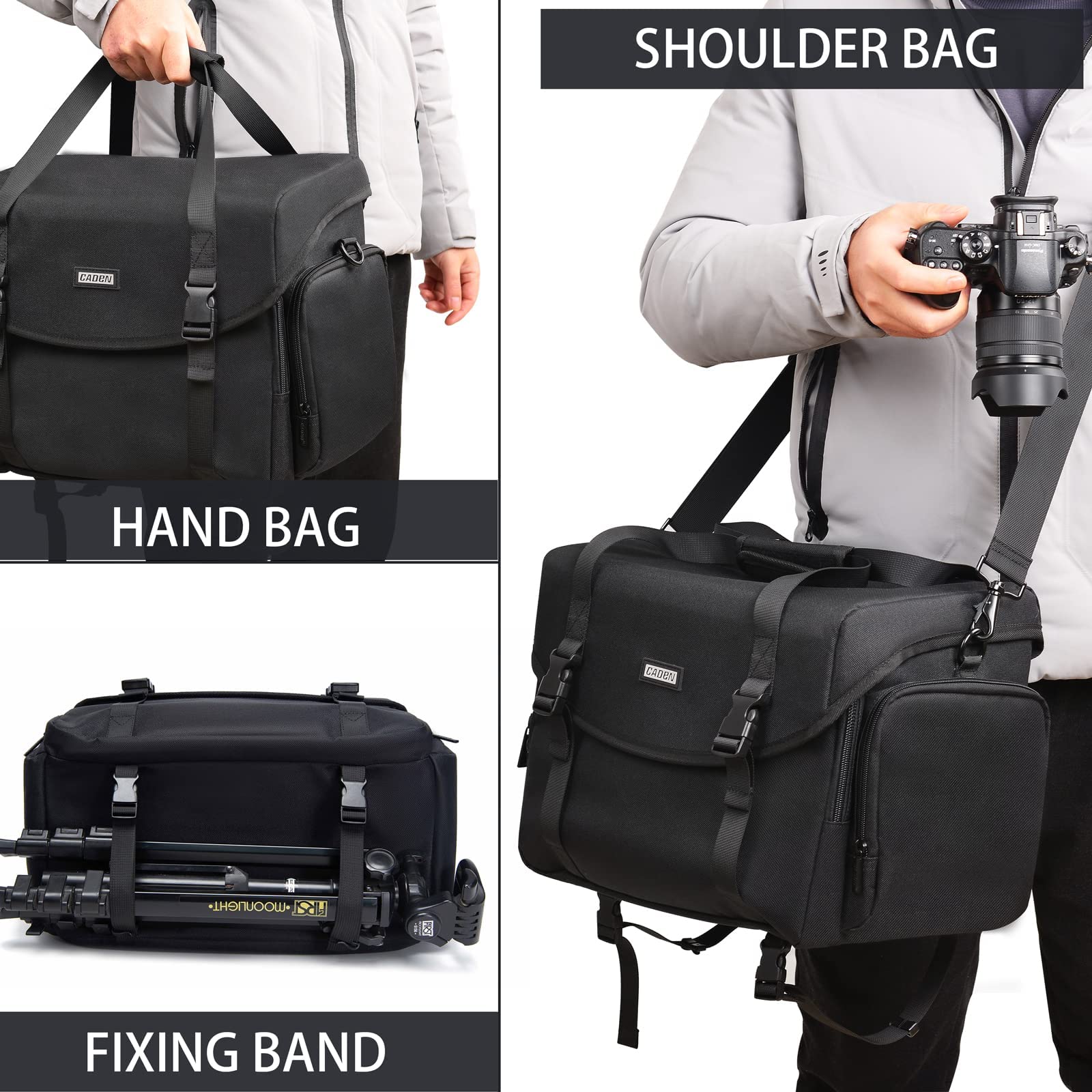CADeN Borsa per macchina fotografica, impermeabile, borsa a tracolla compatta, per fotocamera DSLR SLR, Nikon Sony Canon, Nero , L, Zaino