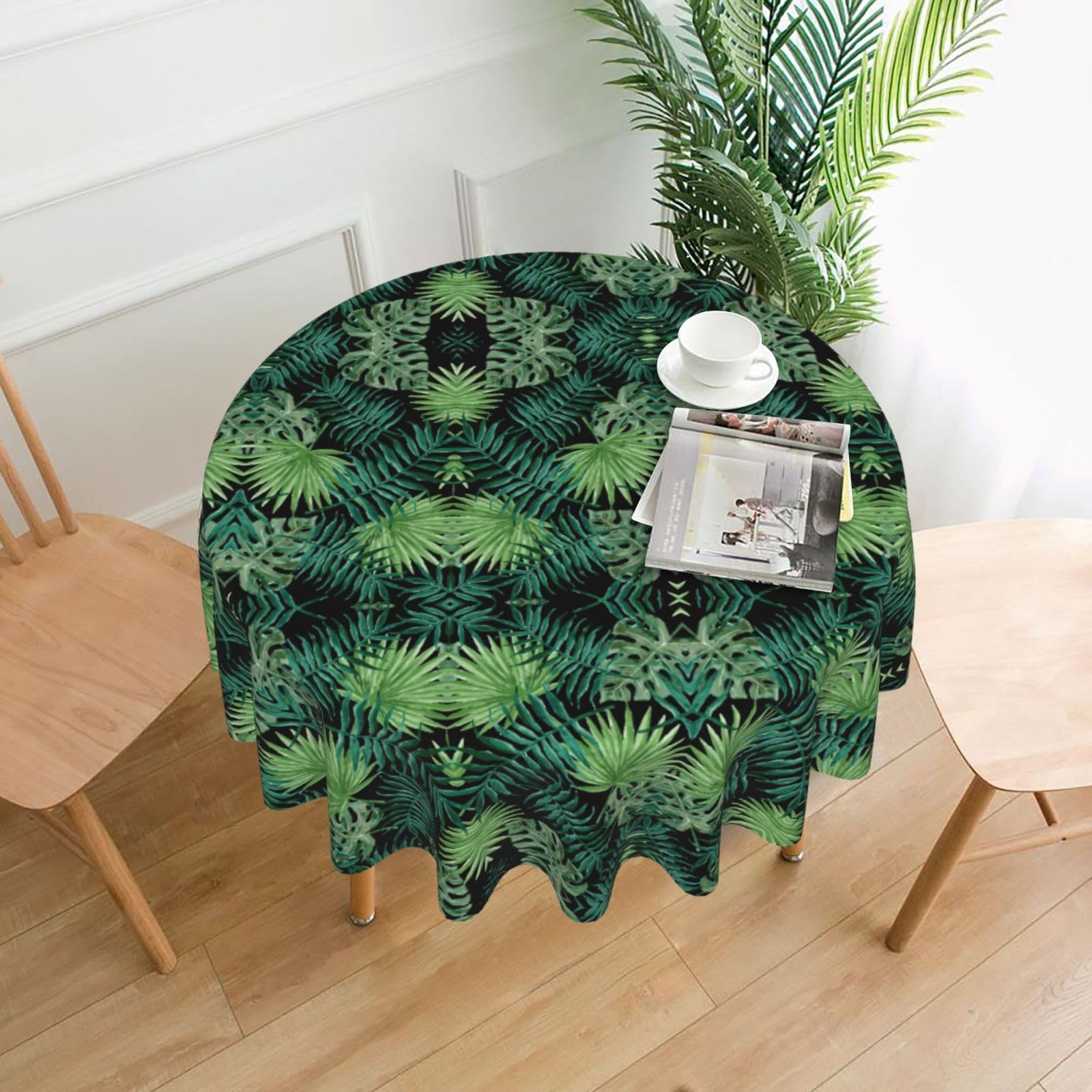 SDEGTHO transparent palm leaf pattern Print Modern Retro Round Tablecloth 60in Polyester Fabric Cover for Party Dining Table Washable