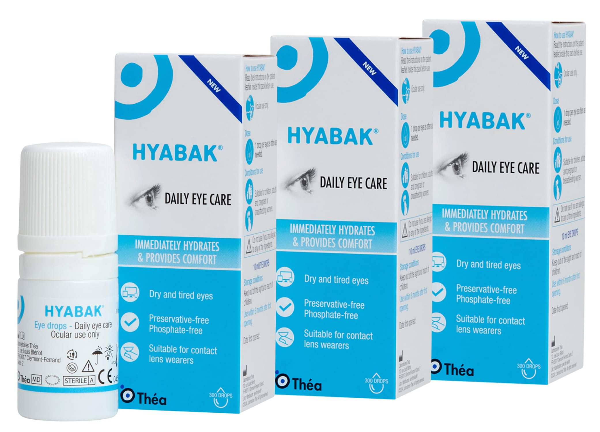 Hyabak Eye Drops to provide comfort and relief for Dry Eye |For dry eyes, caused by environmental factors ISuitable for Contact Lens Wearers and screen users| Preservative-Free 3 PACK|10ml (900 Drops)