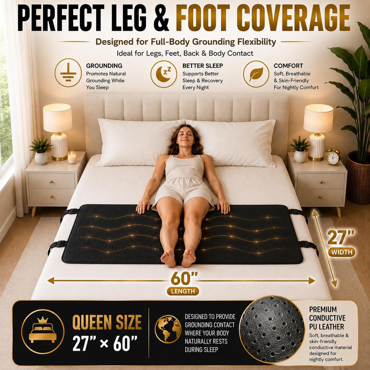 HURUC Grounding Mat for Bed King with PU Leather, Grounding Mattress with Cord for Bed (Queen)