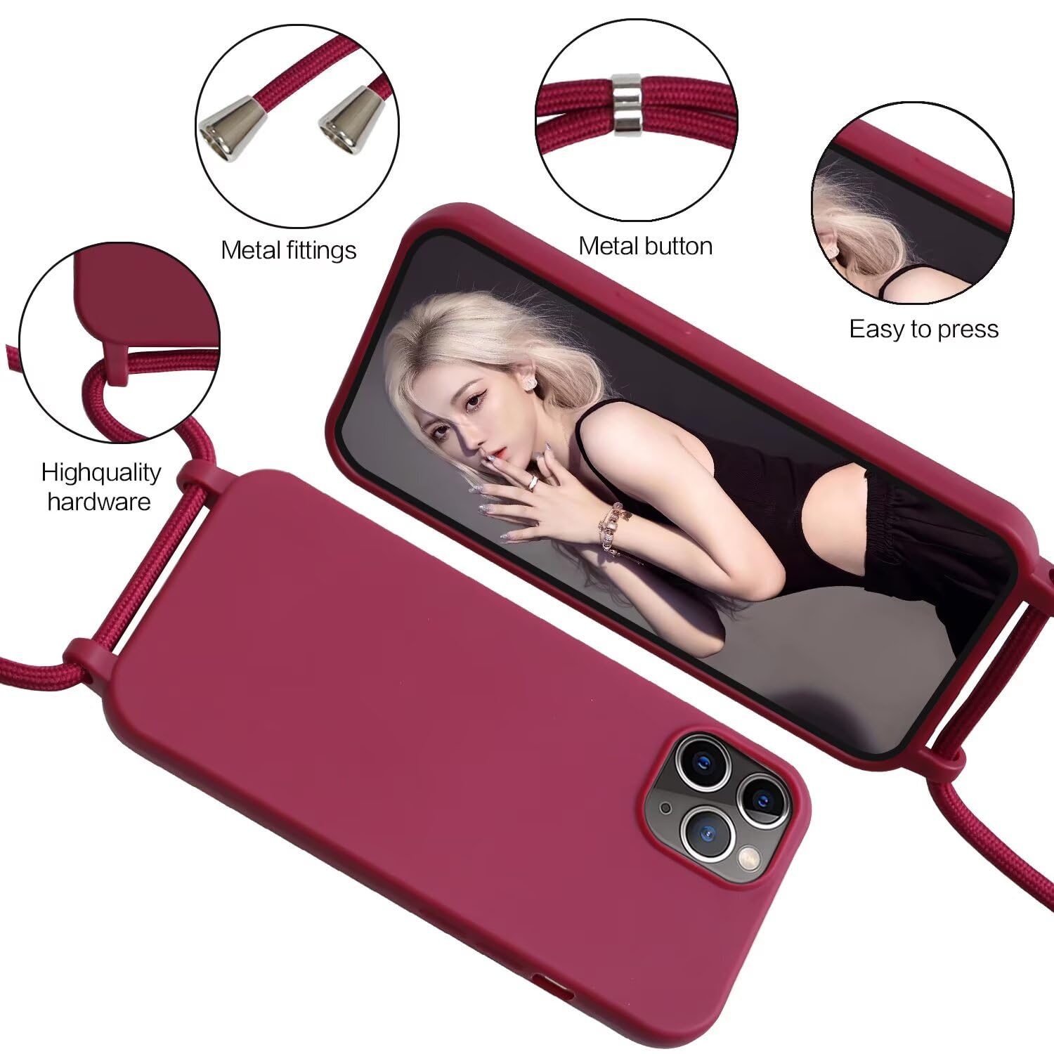 Custodia IPhone 14 Pro Con Cordino Tracolla Regolabile - Morbida TPU Marrone, Cover Con Cinturino Rimovibile, Protezione Antishock E Antigraffio - 4