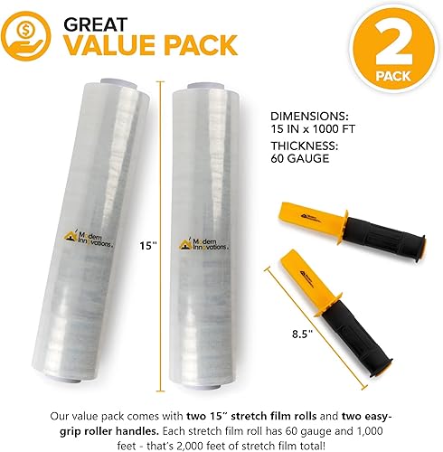 Miniatura 2 de Modern Innovations Rollo de envoltura elástica transparente de 15 pulgadas con asas (2 rollos a 2000 pies), envoltura retráctil resistente para