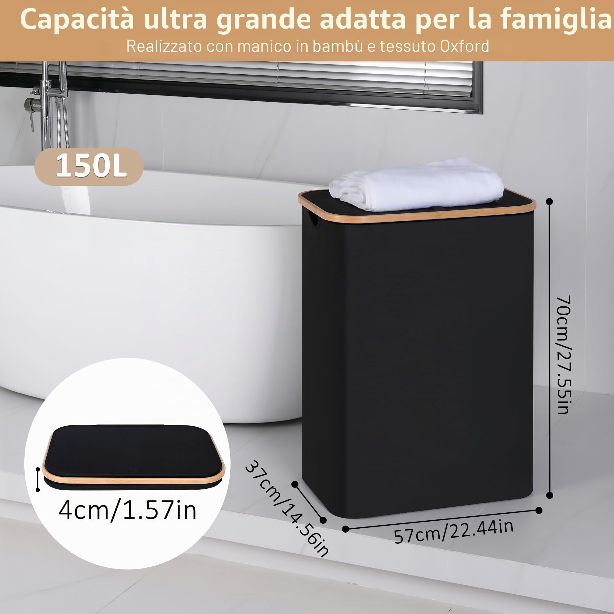 iEGrow Grande cesto portabiancheria con coperchio, 150 l, doppio cesto portabiancheria con sacchetti interni rimovibili e lavabili, 2 scomparti, pieghevole, per vestiti, giocattoli, asciugamani (nero)