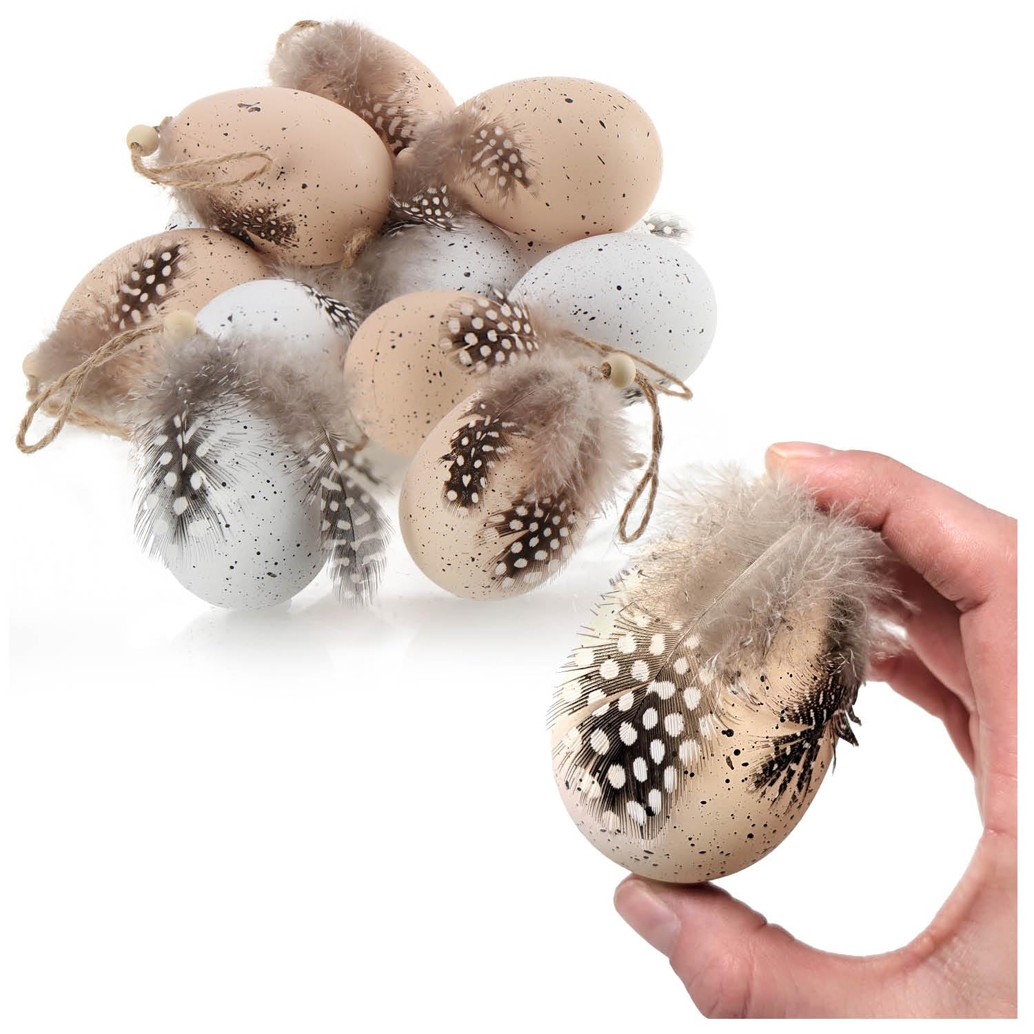 COM-FOUR® 12x Easter eggs to hang - hanging decoration for the Easter bush 7 x 5 cm - decorative Easter eggs with feathers and wooden beads in quail egg look