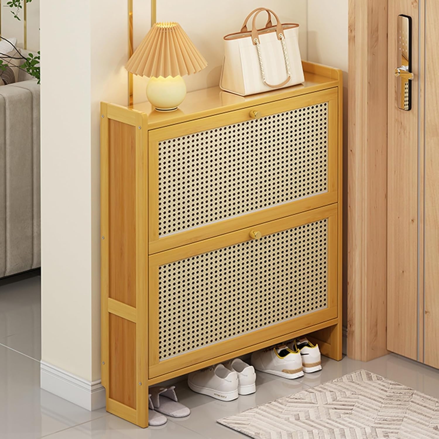 WOLWES Rotin Meuble à Chaussures Tiroir Rabattable Rangement Chaussures Gain de Place Meuble