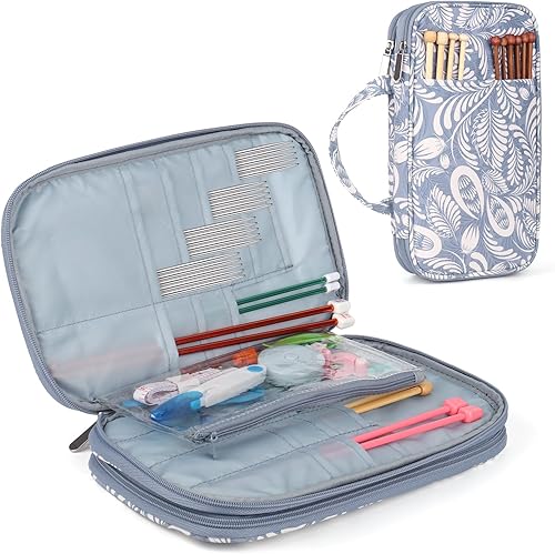 Miniatura 8 de Katech Estuche para agujas de tejer vacías portátil, organizador de bolsa de almacenamiento con cremallera con bolsillo transparente y ranuras para