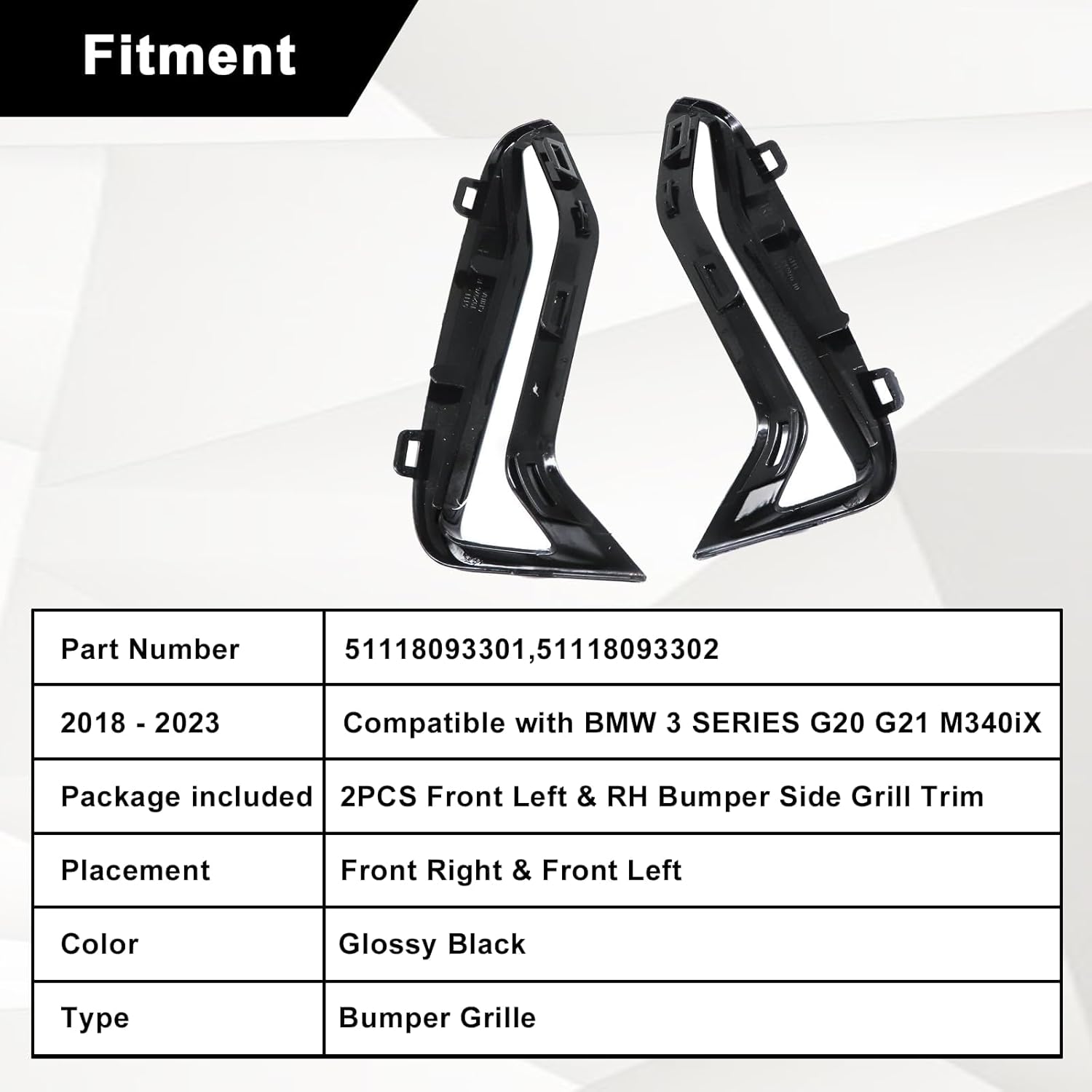 SecosAutoparts Pair Front Bumper Side Grill Trim Set, Glossy Black, Fit for BMW 3 Series G20 G21 M340i 2018-2022 3.0L l6, Replace# 51118093301 51118093302, Fog Lamp Decorative Grill Trim