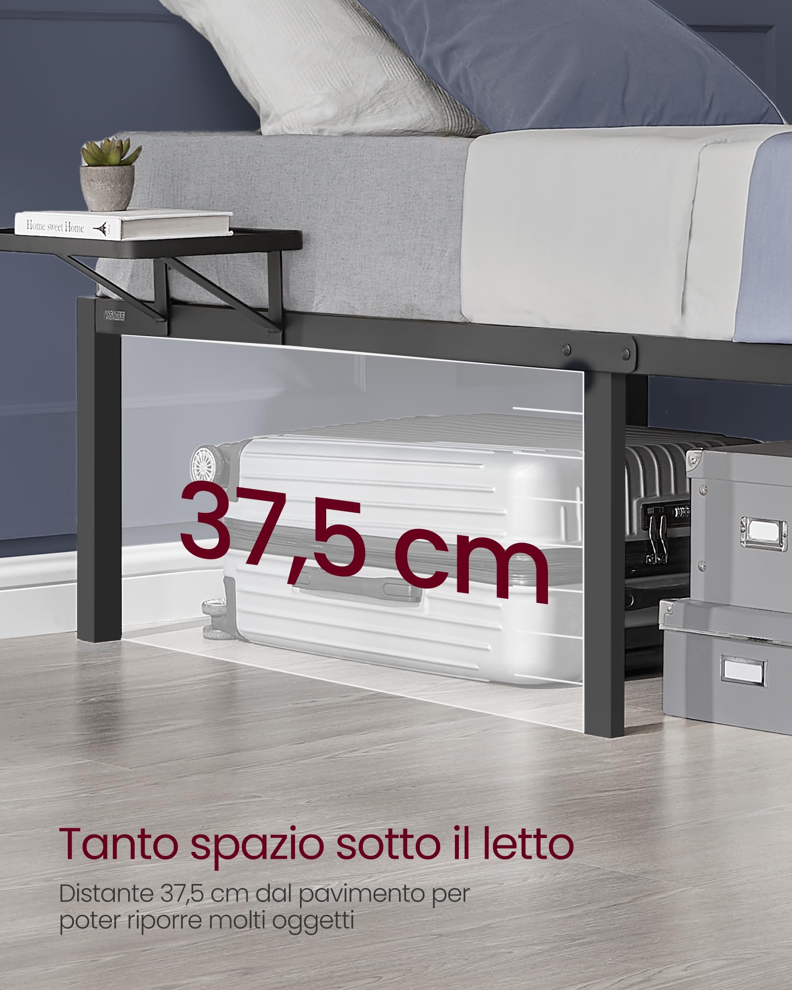 VASAGLE Struttura Letto Singolo, Telaio Letto in Metallo con Ripiani Portaoggetti, per Materassi da 90 x 190 cm, Montaggio Facile, Nero Inchiostro RMB091B01