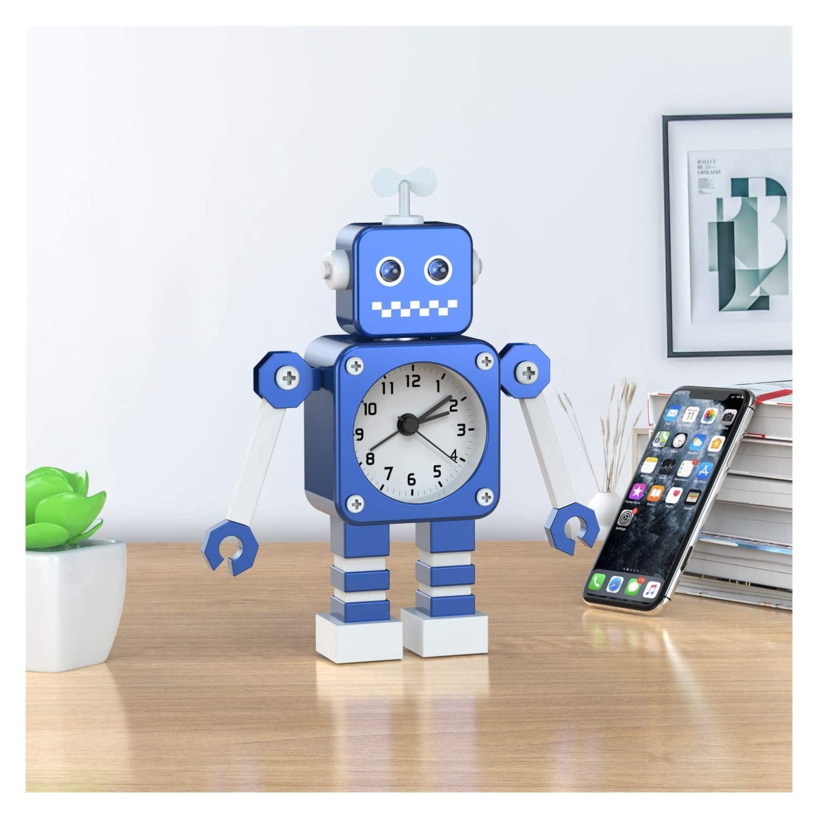 Budzik dla dzieci, robot budzik dzieci analogowy budzik bez tyknięcia cichego budzika dla chłopców dziewcząt, najlepszy prezent (niebieski) (Color : Blue)