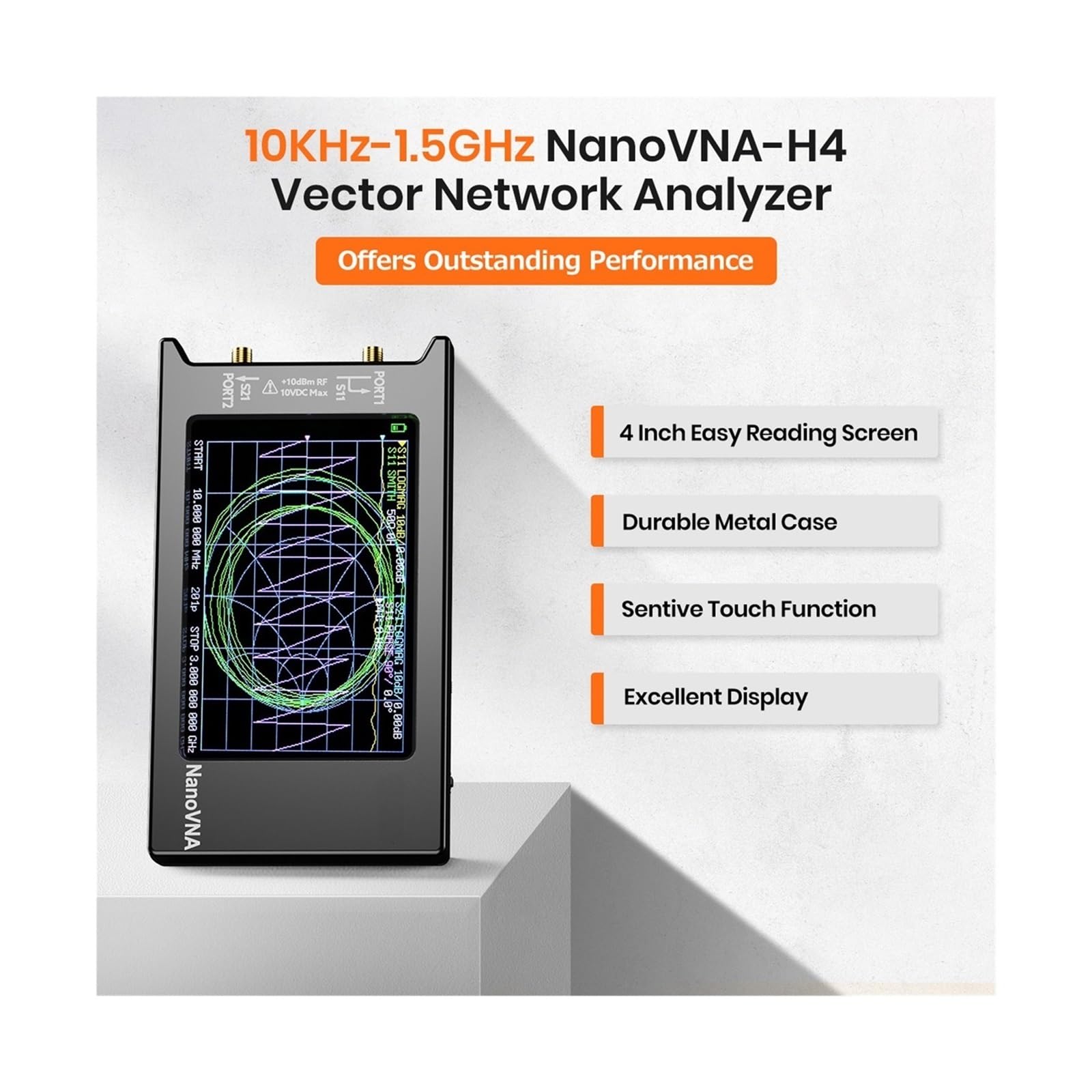 Analizador Vectorial de Redes, Analizador de red vectorial VNA-H4 actualizado de 4 pulgadas 10k-1,5 GHz HF VHF UHF Analizador de antena versión 4,3 con ranura for tarjeta SD Medición de Parámetros S,