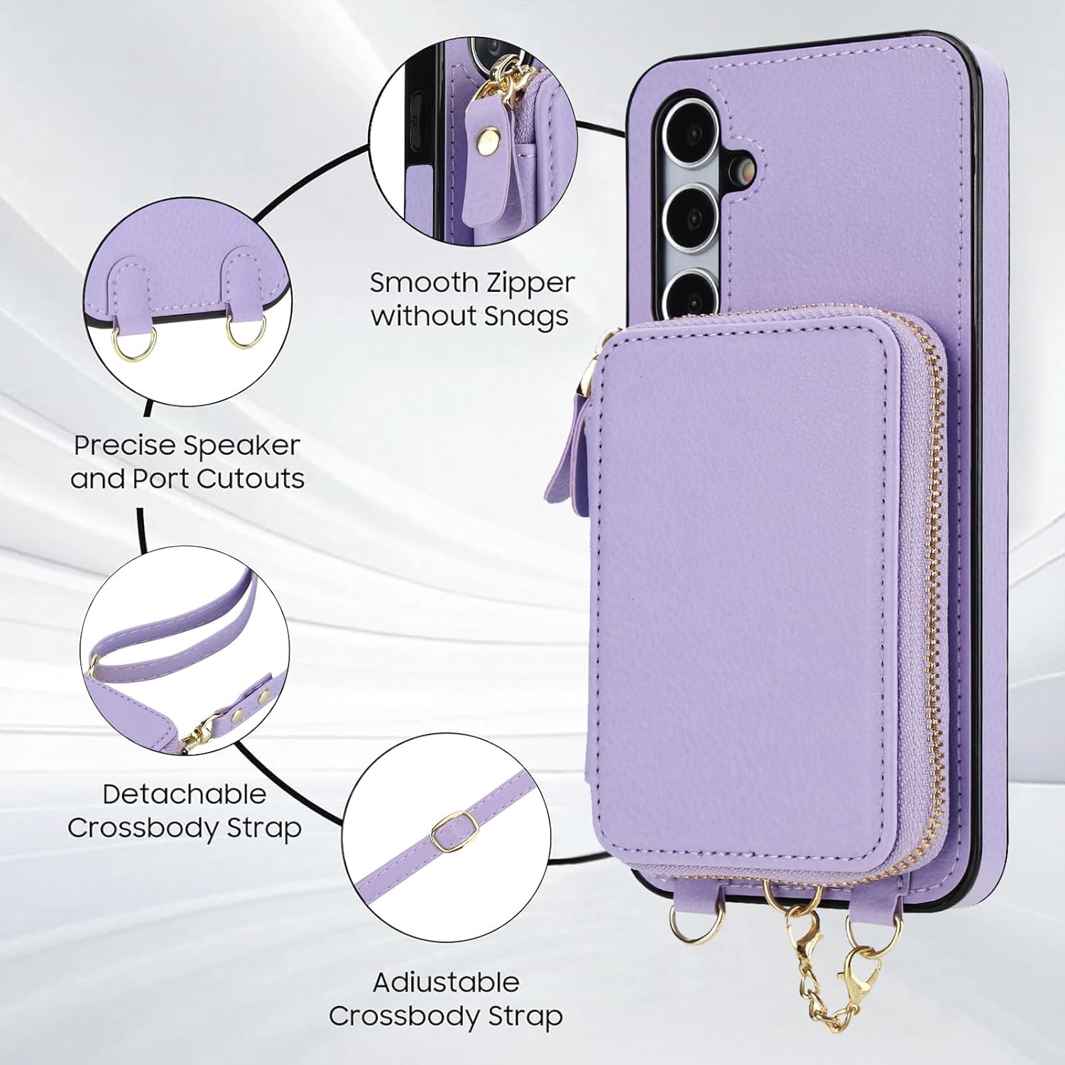 Phone Case for Samsung Galaxy A35 5G Wallet Zipper Handbag Cover and Screen Protector Crossbody Lanyard Strap 2-in-1 Magnetic Detachable MagSafe RFID Blocking Flip A 35 35A A355G Women Men Purple