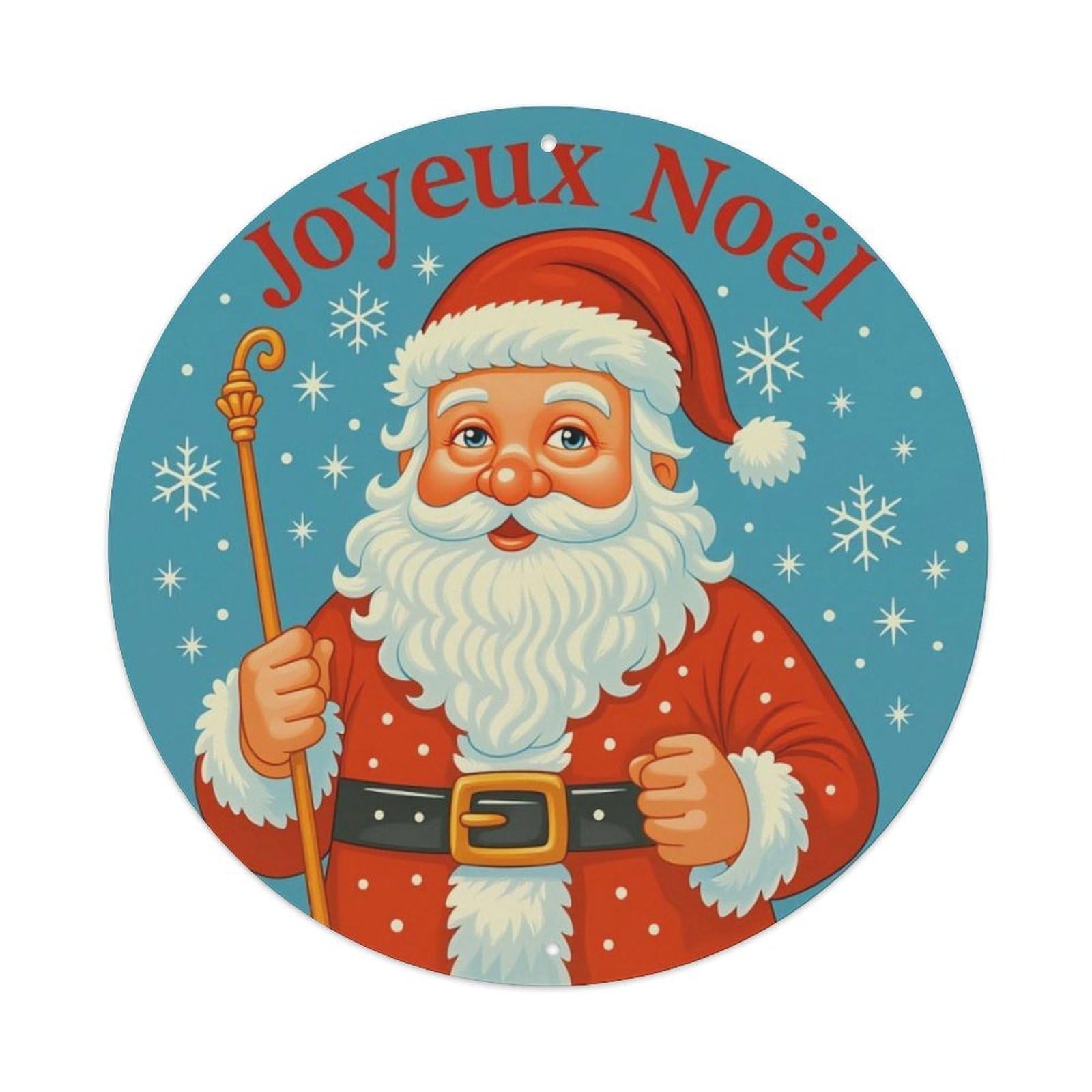 French Christmas Cartoon Santa Claus Round Sign Vintage Aluminium Metal Sign, Retro Wall Decor for Home, Bar, Garage & Farmhouse 20x20cm