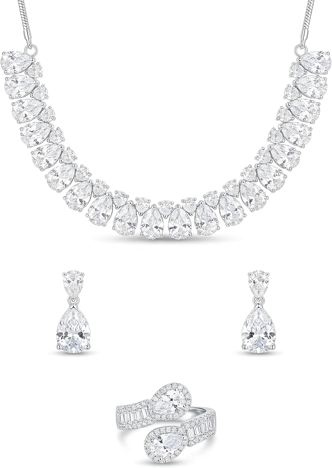 Silver Plated American Diamond Jewellery Set for Women | Necklace Earrings & Finger Ring Combo