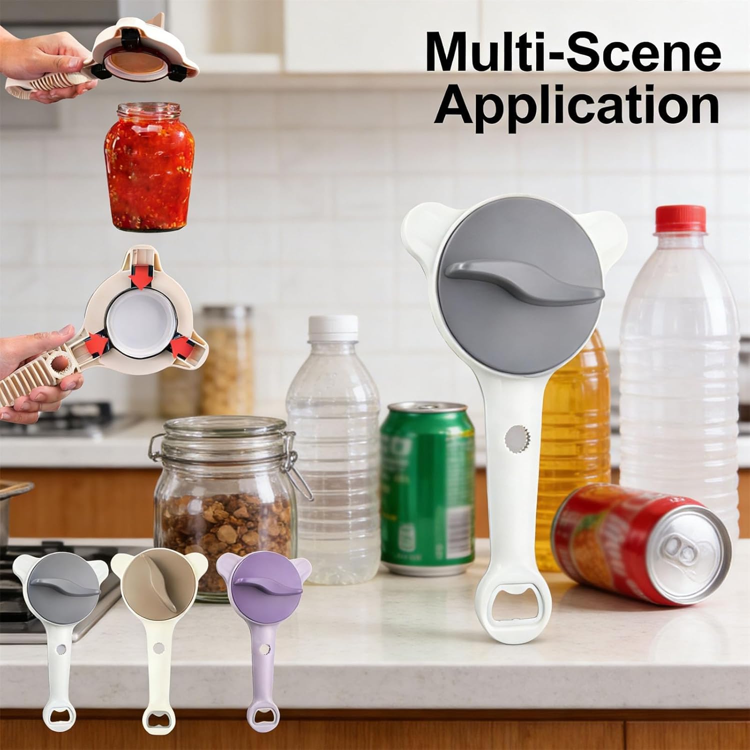 4-in-1 Multi-purpose Jar Opener, Adjustable Stainless Steel Strain-Free Bottle Opener for Weak Hands, Ideal for Jars, Bottles & Ring-Pull Cans, Grey+Purple