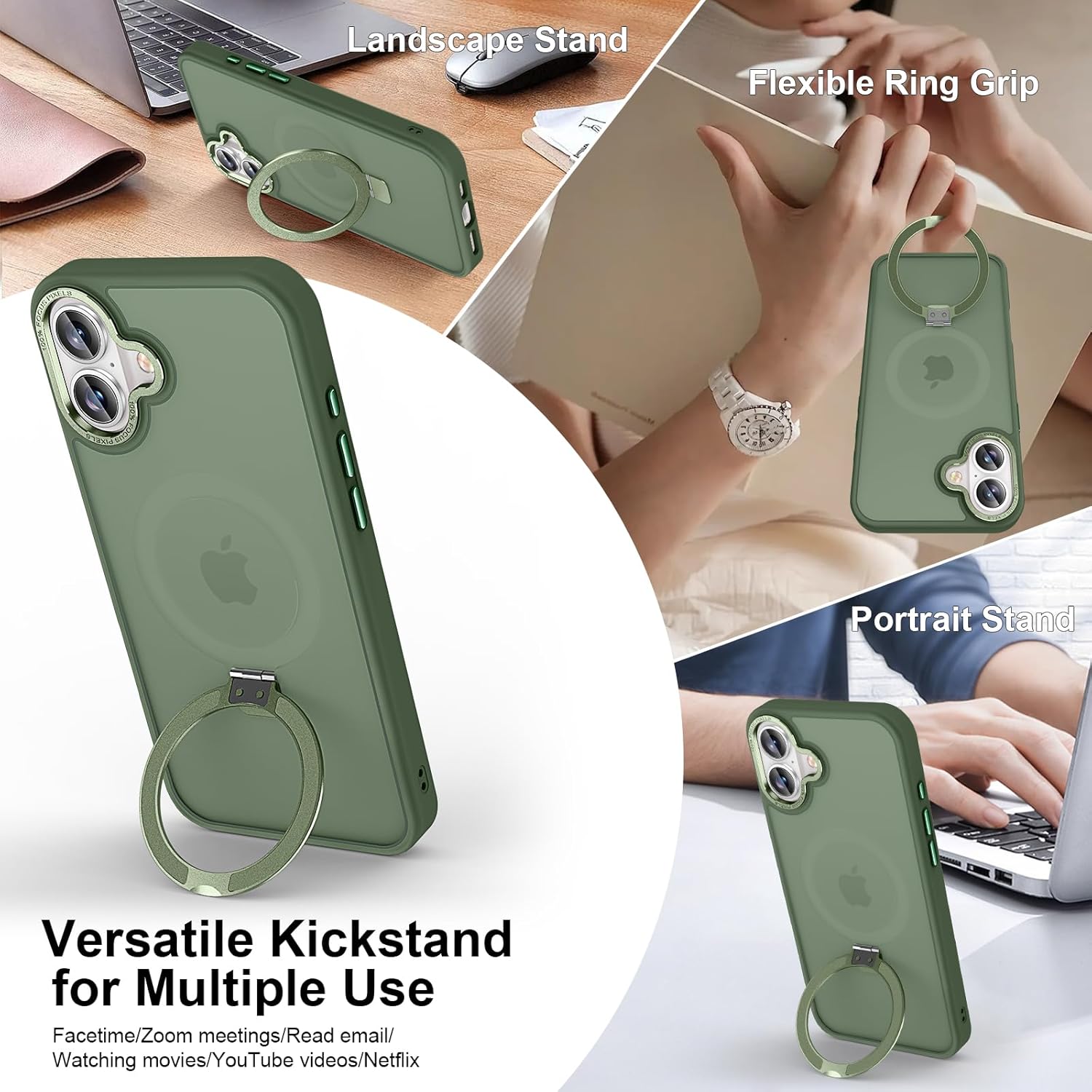 Magnetic for iPhone 16 Case with Ring Stand, [10 FT Drop Protection] [Velvety Touch] Slim Translucent Matte Back Shockproof Phone Case for iPhone 16 6.1'', Midnight Green - Image 3