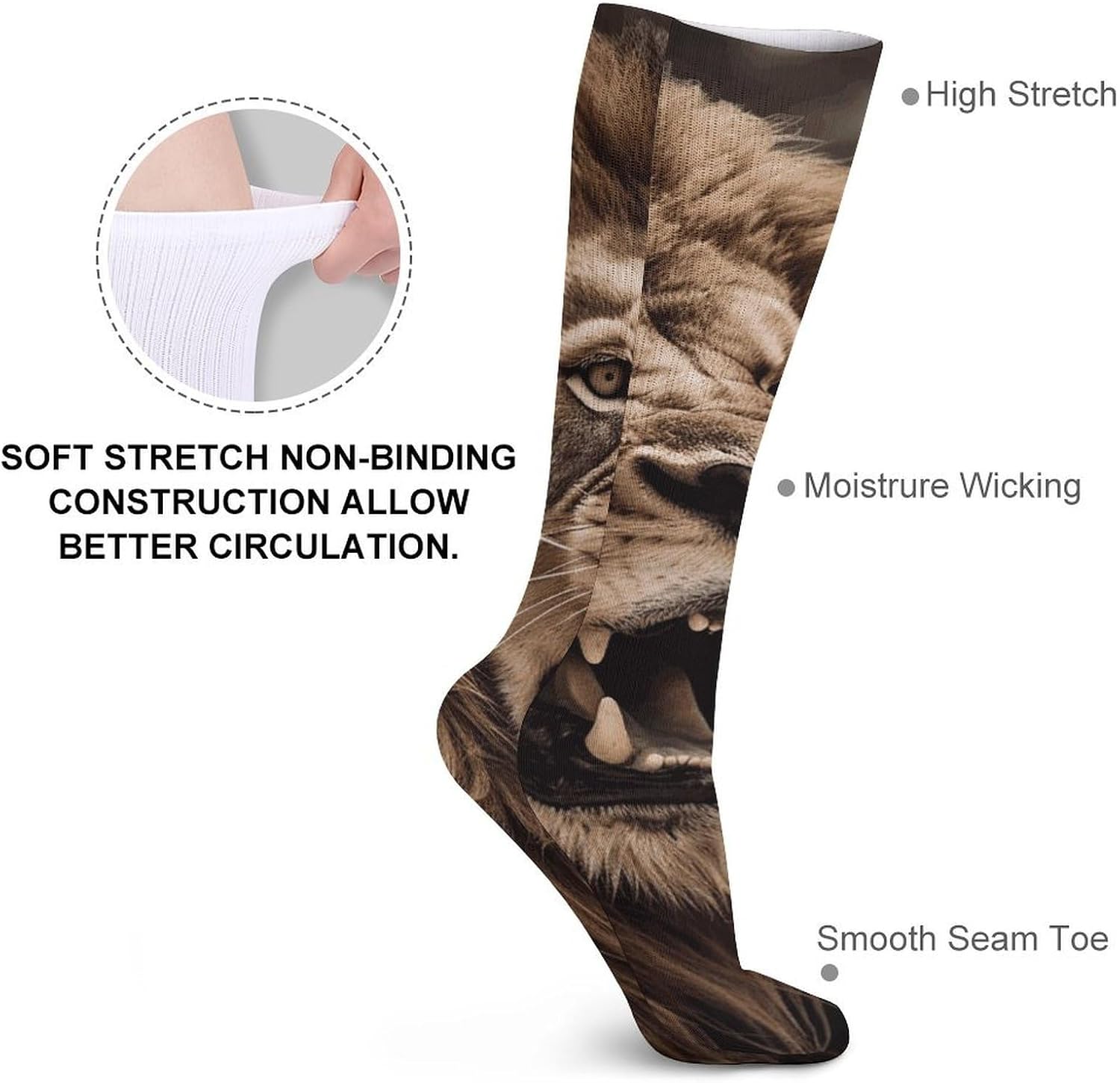 5-Pack Knee High Socks, 15.7 Inch Breathable Casual Socks Angry Lion Stockings for Men Women