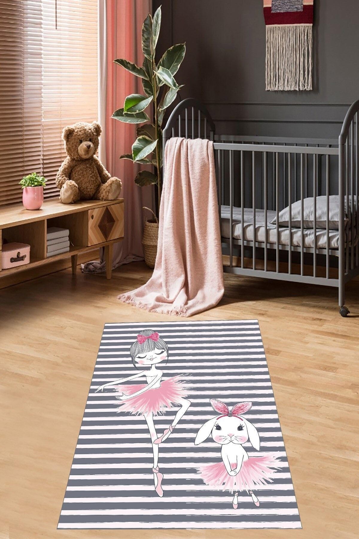 Pelangi Balerin Prenses Tavşan Desenli Çizgili Dijital Baskı Yıkanabilir Kaymaz Taban Çocuk Odası Halısı, Pembe 80 x 200