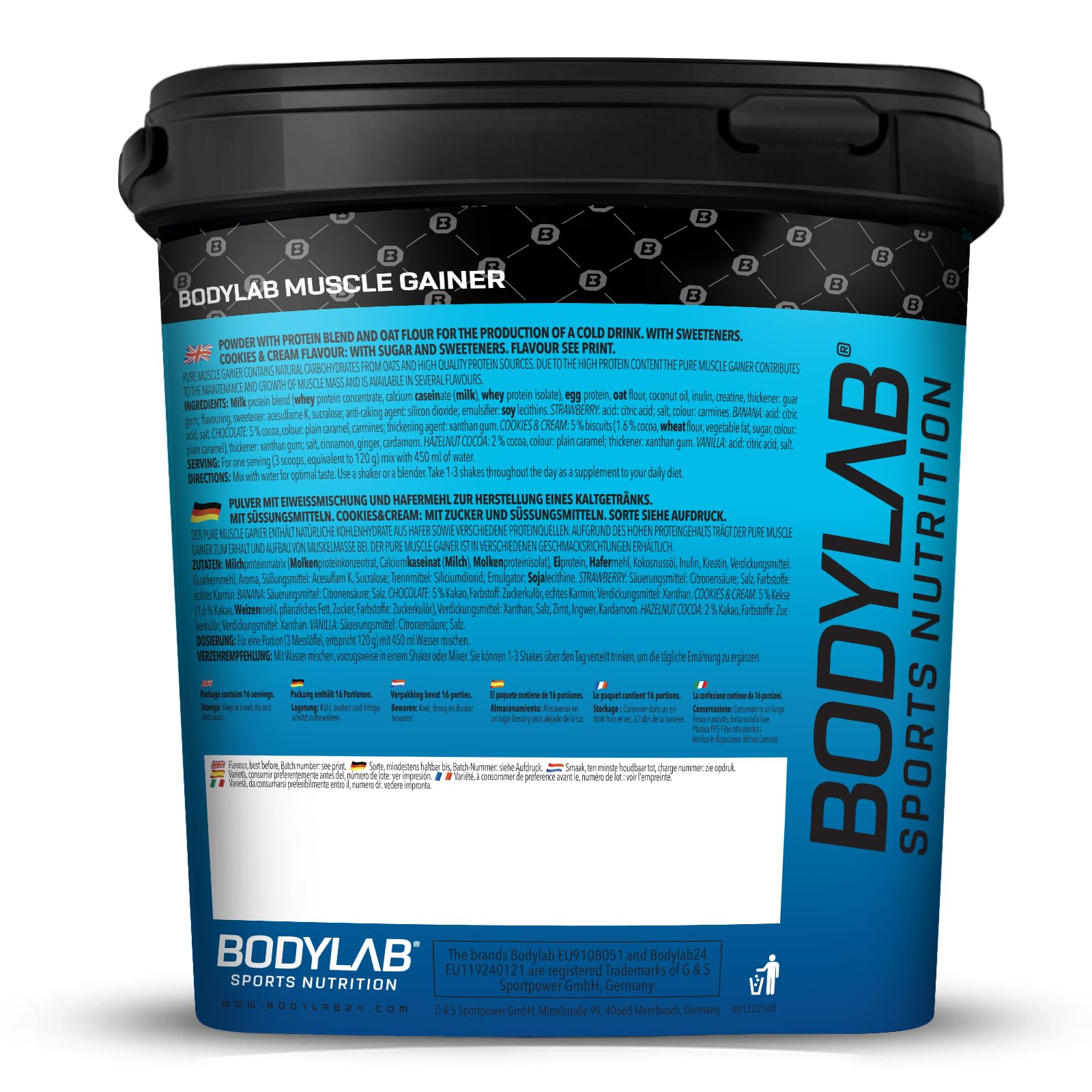 Bodylab24 Pure Muscle Gainer Cookies & Cream 2kg, je 100g 33g natürliche Kohlenhydrate, 40g Protein und 12g Fett, angereichert mit Kreatinmonohydrat, perfekter Weight Gainer Shake für den Masseaufbau