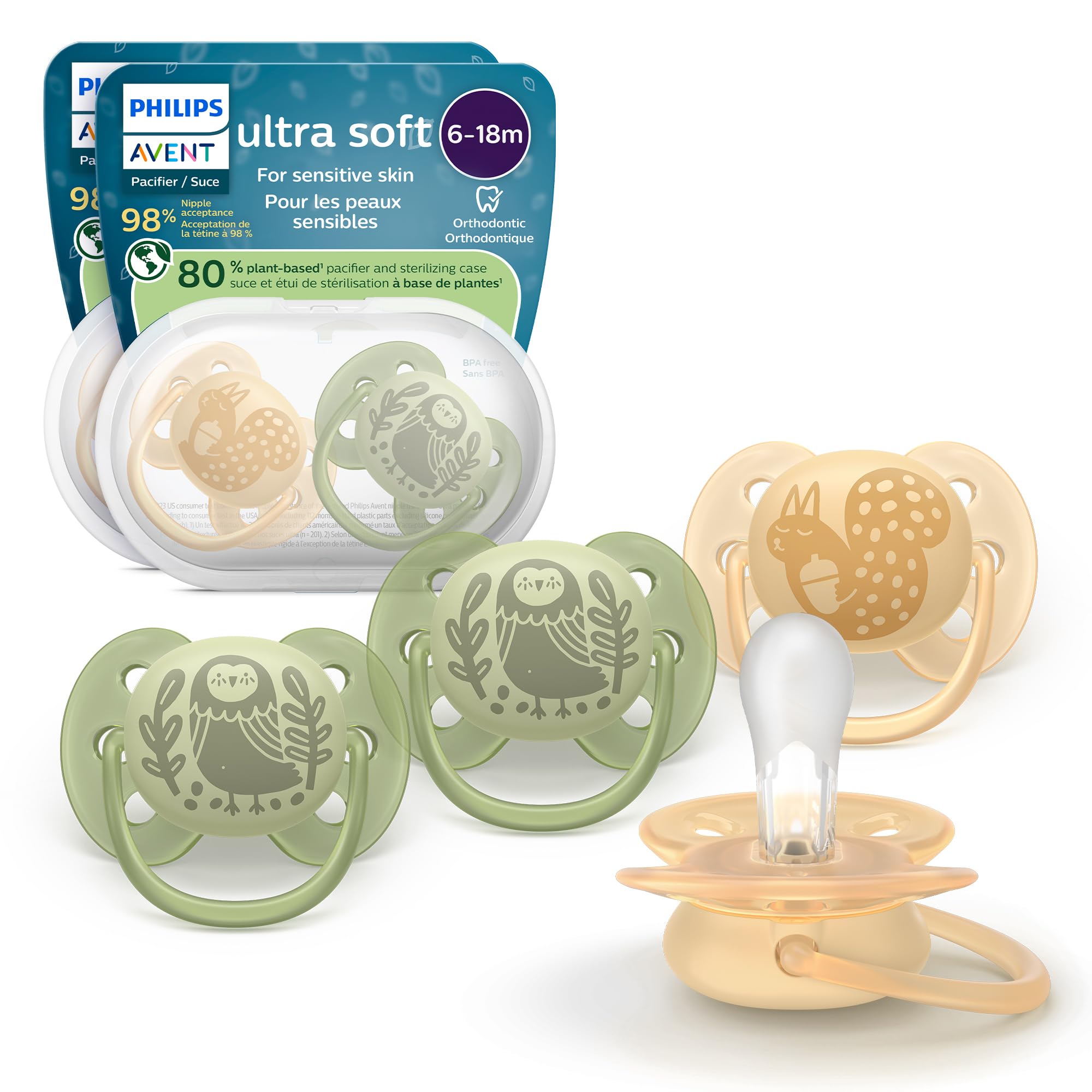 Philips Avent Ultra Soft Pacifiers - Orthodontic Design, for Babies 6-18 Months, Flexible Shield, Silicone Symmetrical Nipple, BPA-Free, 2 Sterilizing Cases, 4 Pack, SCF091/52