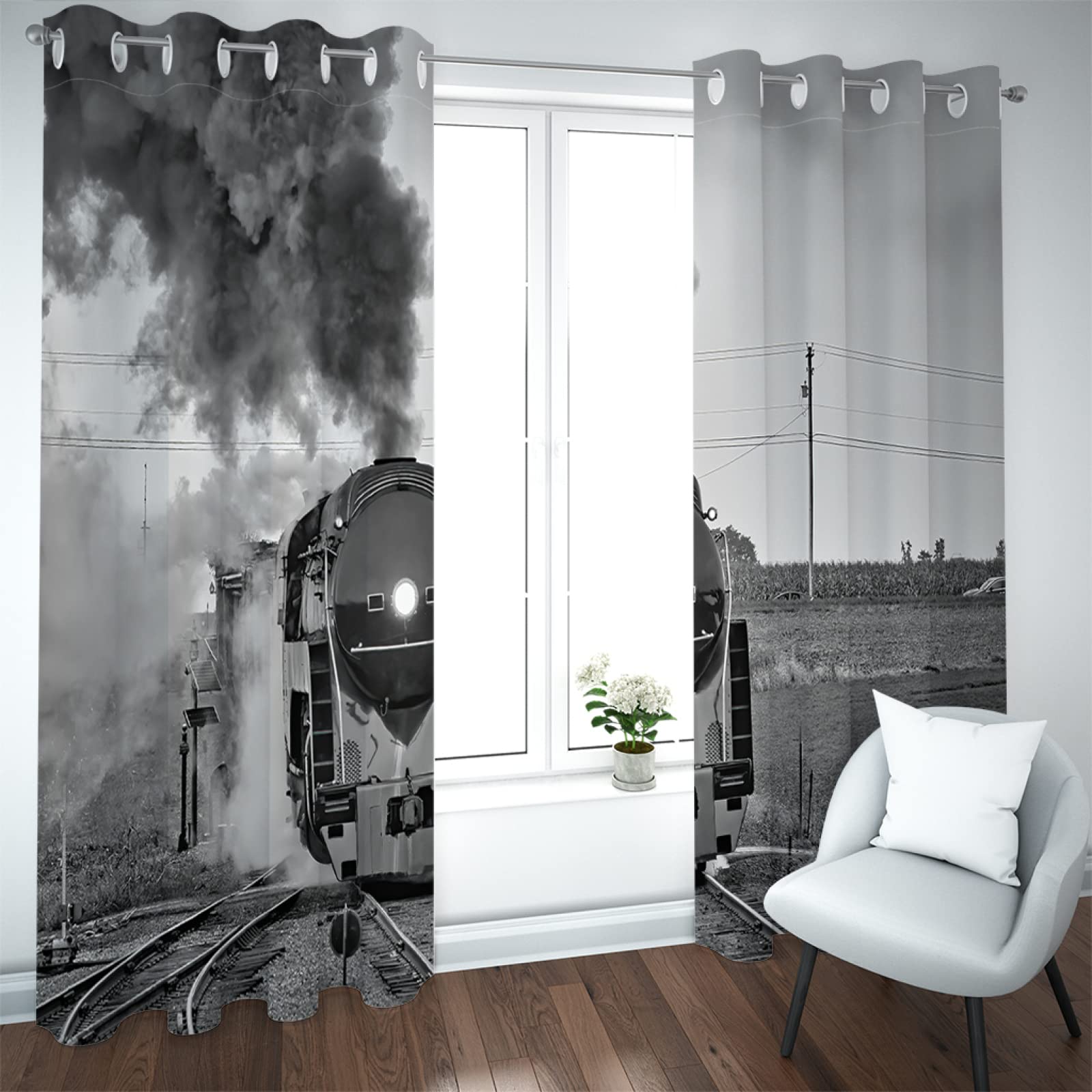 Amazon｜SJYHNB カーテン 1級遮光 黒い蒸気機関車 2枚セット