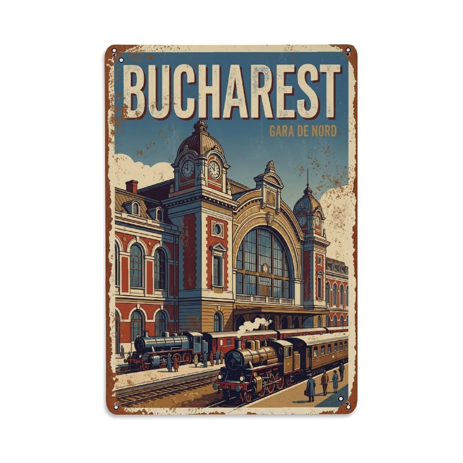 Vintage Travel Bucharest Gara De Nord Railway Station Romania Metal Tin Sign Plaque Wall Decor for Cafe, Club Bar, Office, Home Garden Metal Poster 8x12Inch