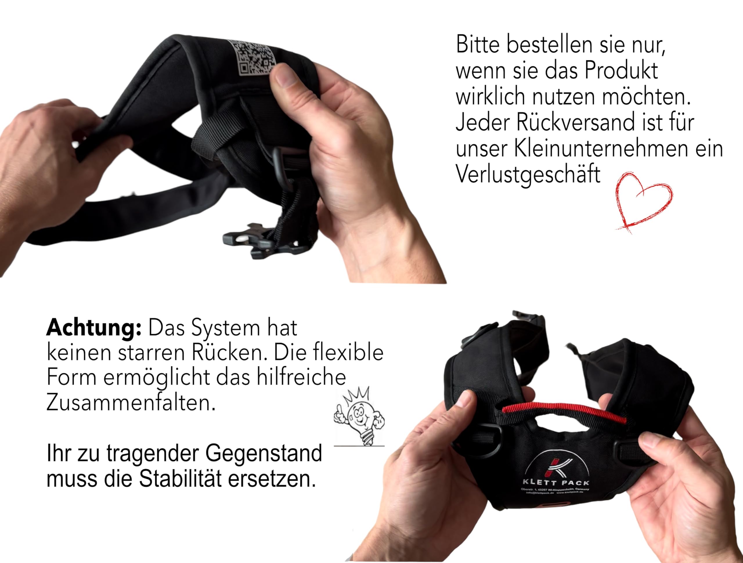 KLETTPACK - Tracolla posteriore per pacchetti, hobby, snowboard, lavoro e vacanze, adatta per grandi forme ingombranti, ergonomica, delicata sulla schiena