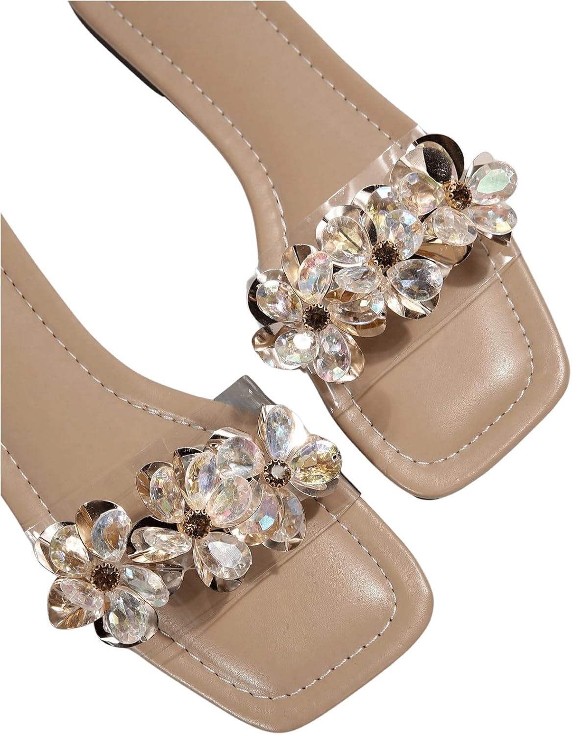 OYOANGLE Women's Rhinestone Flower Decor Clear Strap Sandals Square Toe Flat Sandals - Image 6