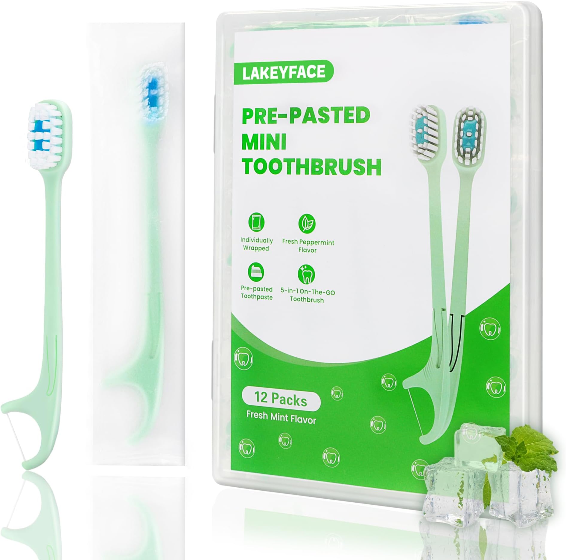 5-in-1 Travel Toothbrush Set, Prepasted Disposable Mini Toothbrushes with Toothpaste + Tongue Scrapers + Floss + Pick for Work or Travel, Individually Wrapped, Mint, 12 Pack