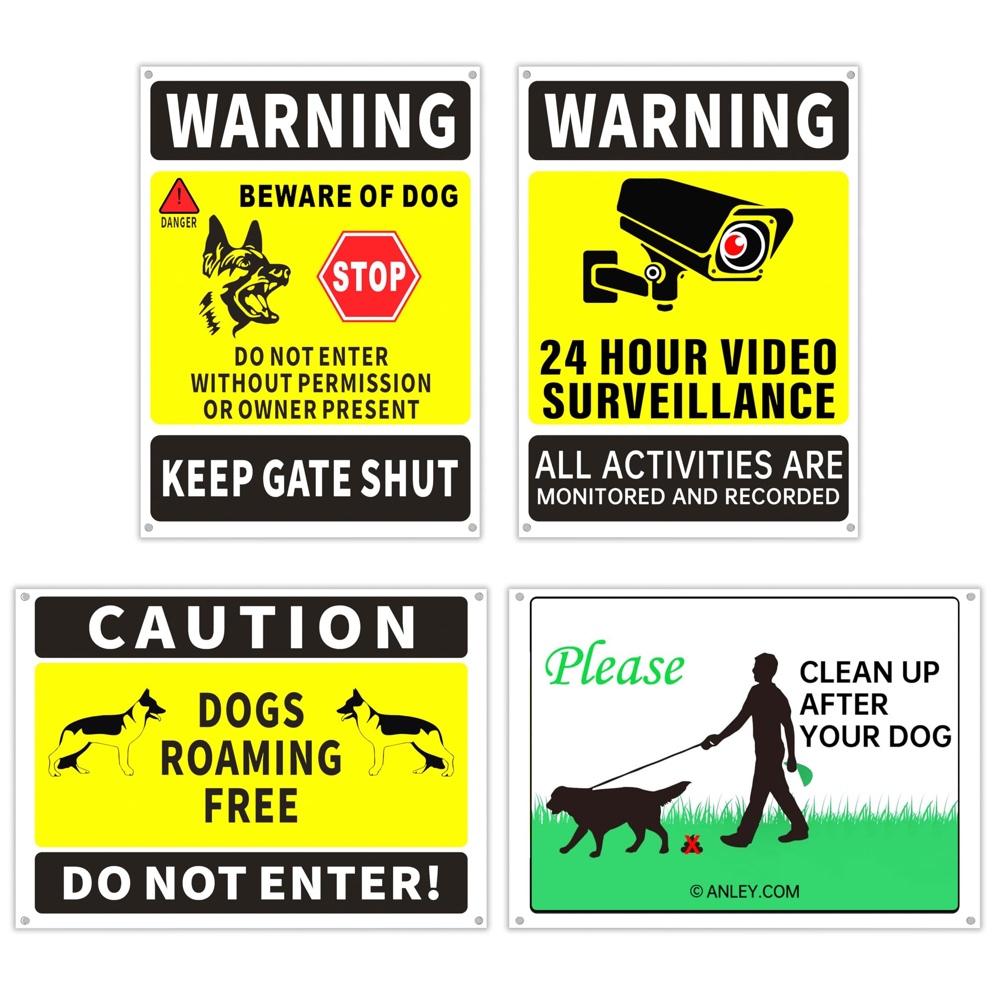 YOUGO LEE 4Pack Aluminum Warning Signs (Beware of The Dogs, Dogs Roaming Free, Please Clean Up After Your Dog)
