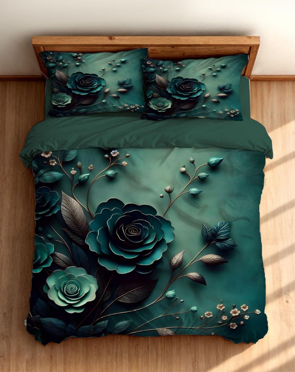 New Floral Bedding Set, Teal Green, 7D Rose Design, Duvet Cover with Pillowcases, Botanical Theme-image-23