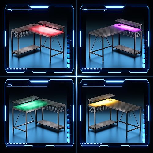 Miniatura 8 de Bestier Escritorio para juegos con tomas de corriente, escritorio de computadora en forma de L de 42 pulgadas con luces LED, escritorio con estantes