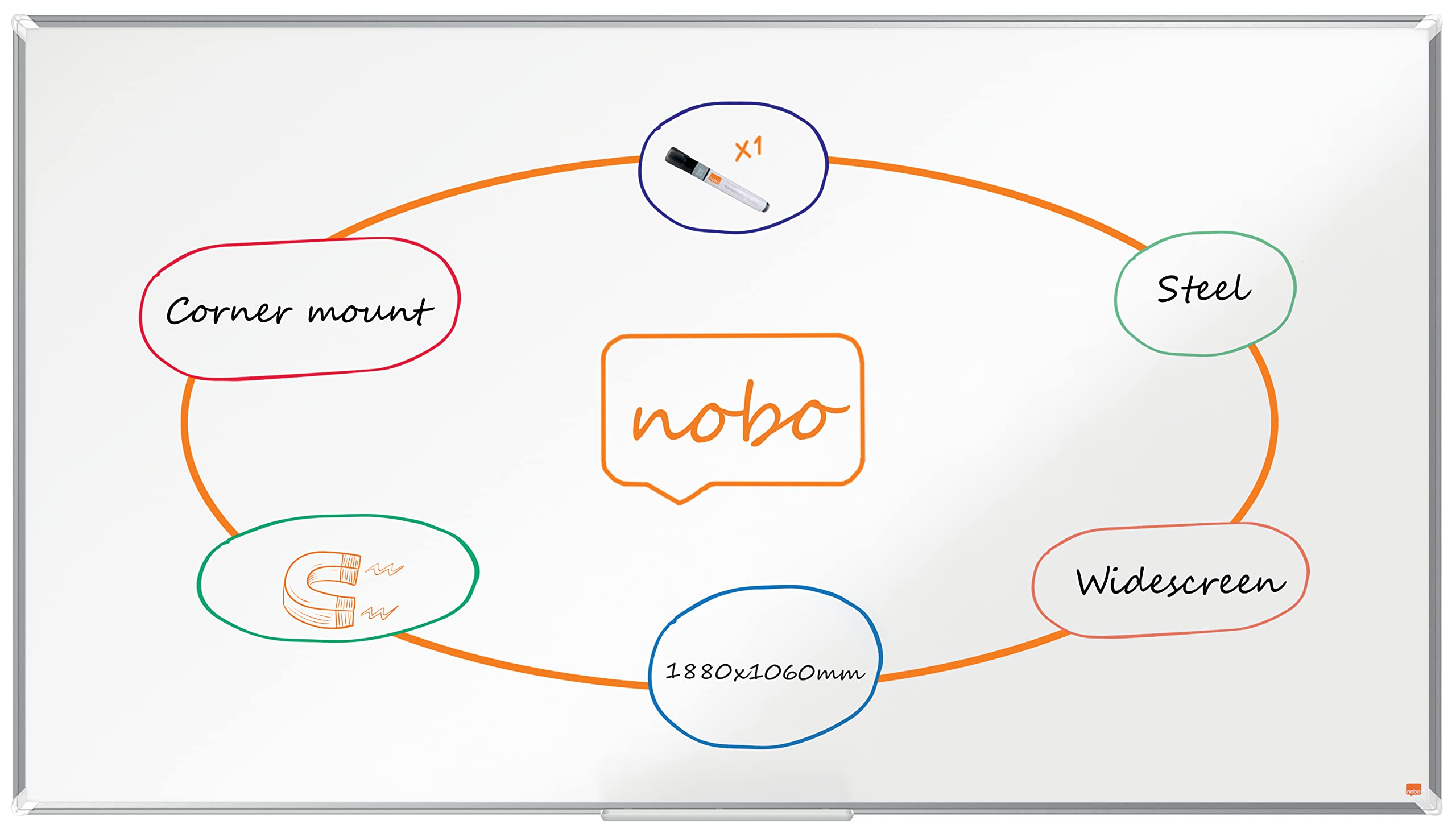 Nobo Tableau Blanc Acier Magnétique, 600 x 450mm, Cadre Aluminium, Montage Mural par les Coins, Marqueur Inclus, Premium Plus, Blanc, 1915154