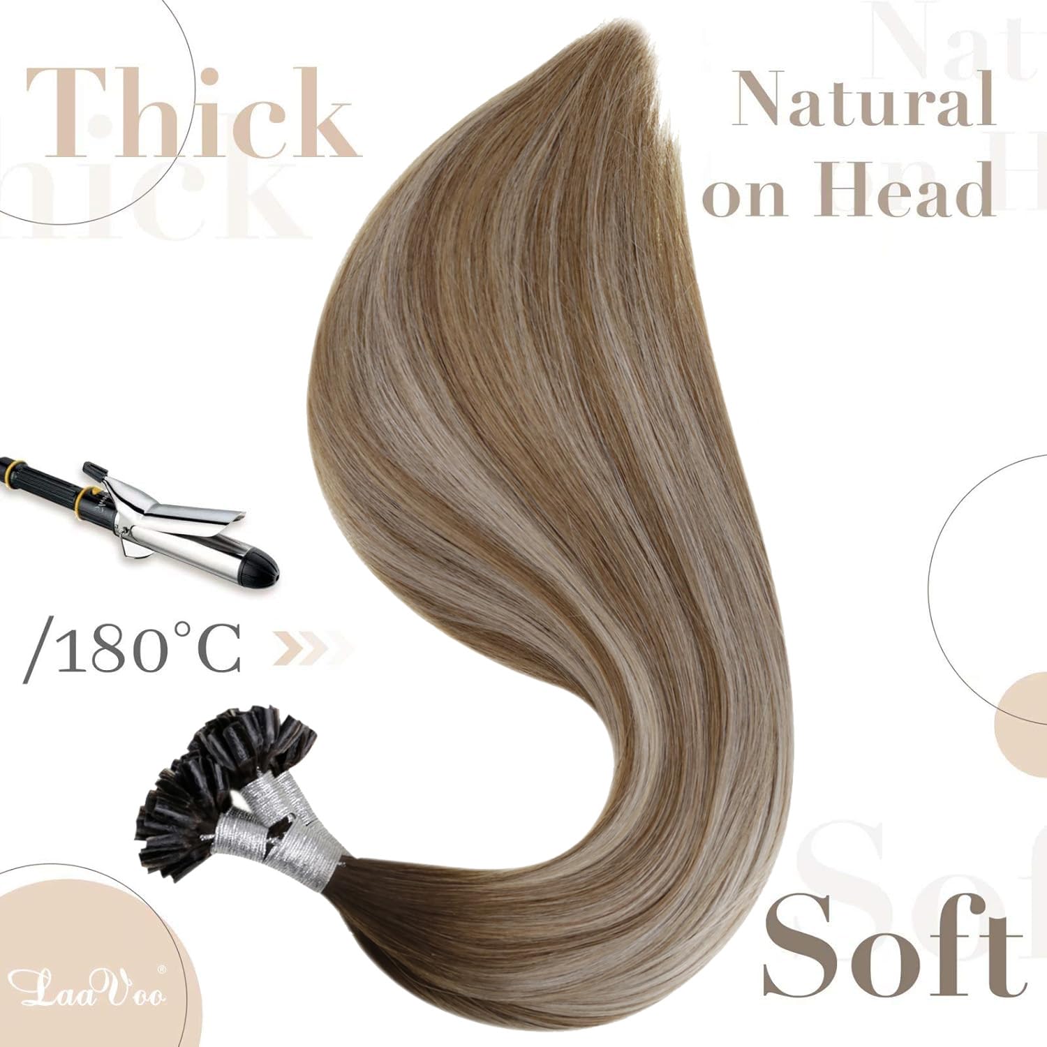 LaaVoo U Tip Hair Extensions Real Human Hair Brown, Remy Straight Balayage Dark Brown to Platinum Blonde Real Hair Extensions - Image 4