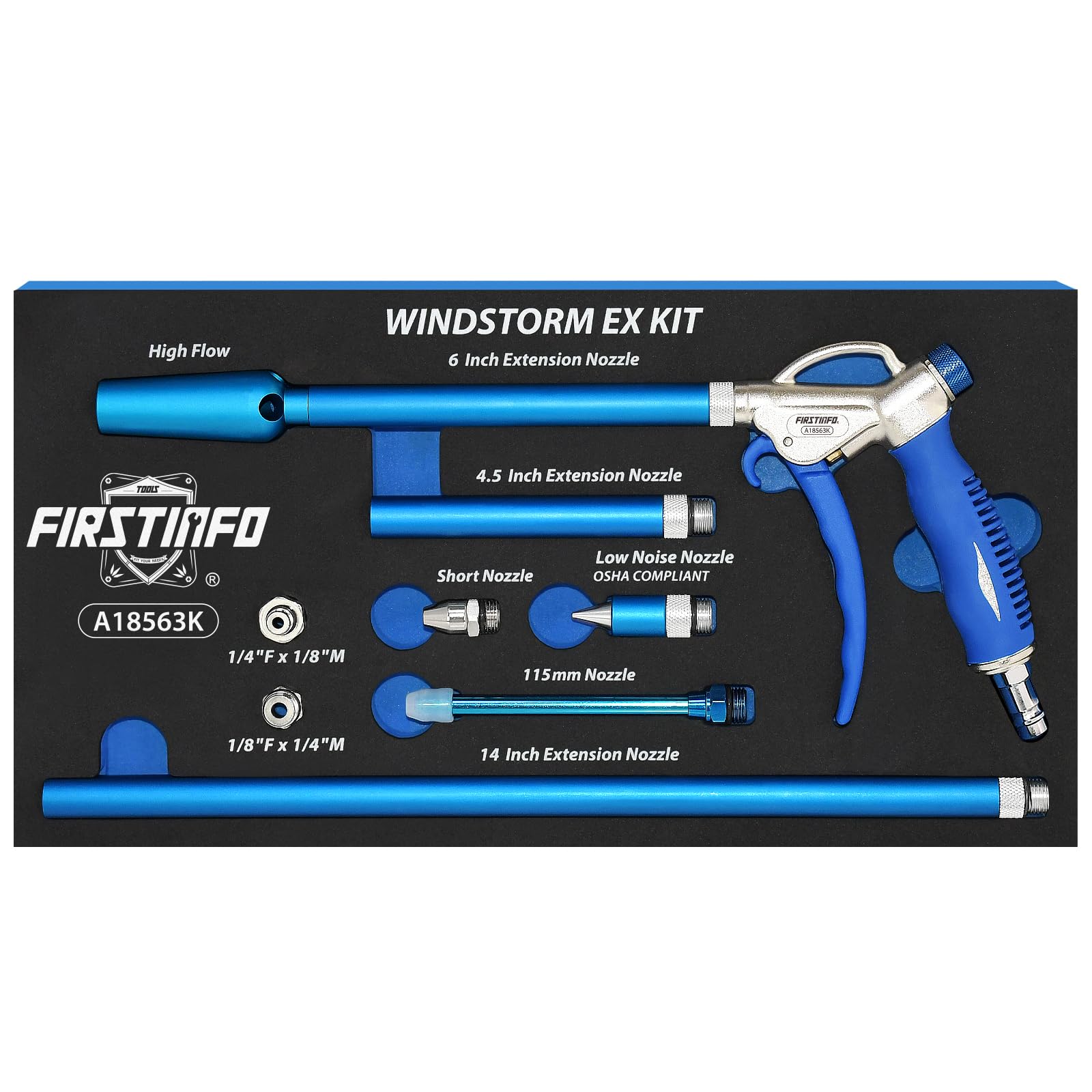 FIRSTINFO Pneumatic Air Blow Gun Master Kit, High Flow Air Duster Gun with Adjustable Airflow Control, 7 Nozzles & 2 Adapters, Extension Air Nozzle Set for Workshop Garage Vehicle Cleaning, A18563KEU